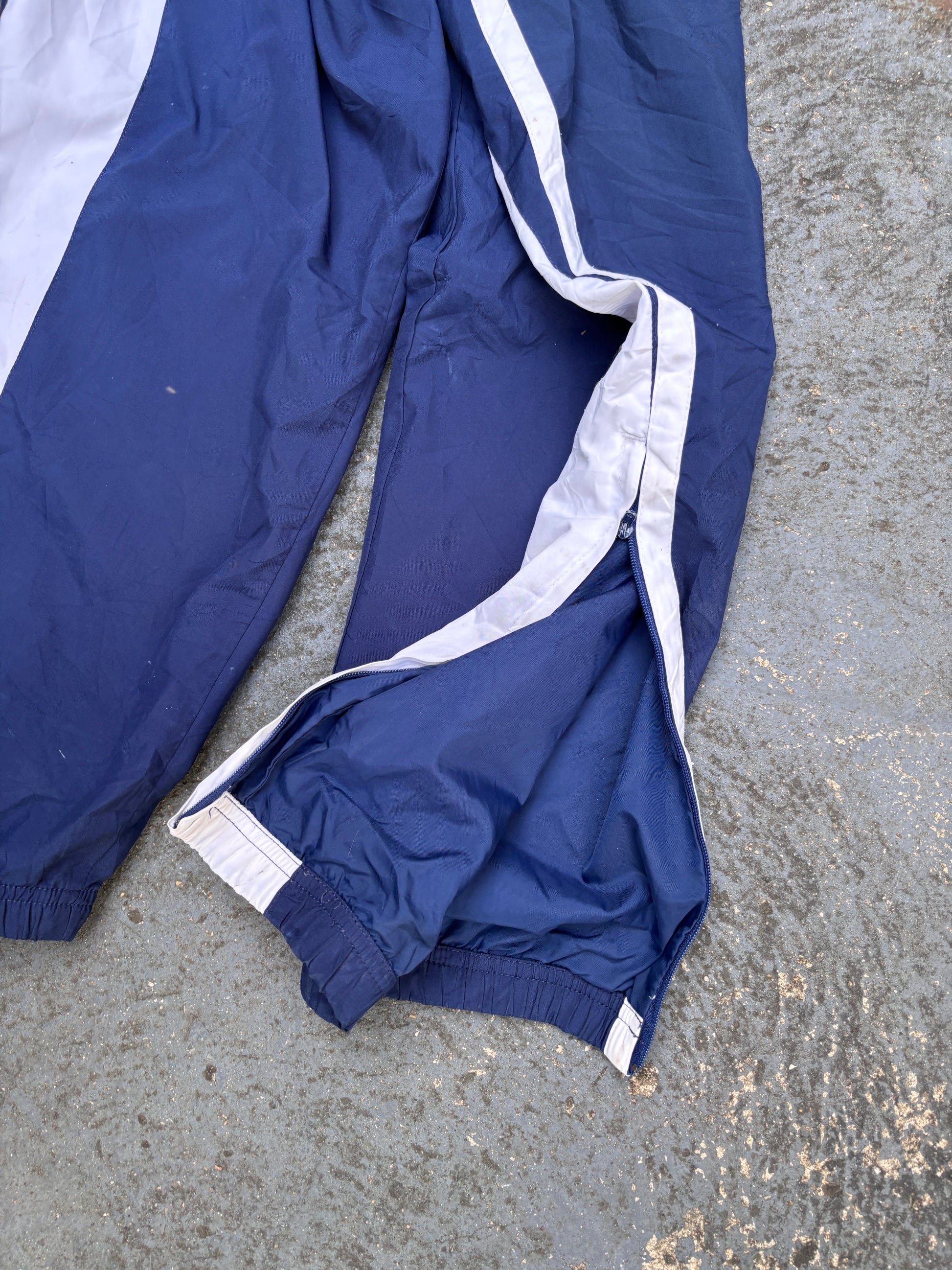 Vintage 90s Nike Football Track Pants L Navy White Detail Logo Wide Leg Ankle Zip