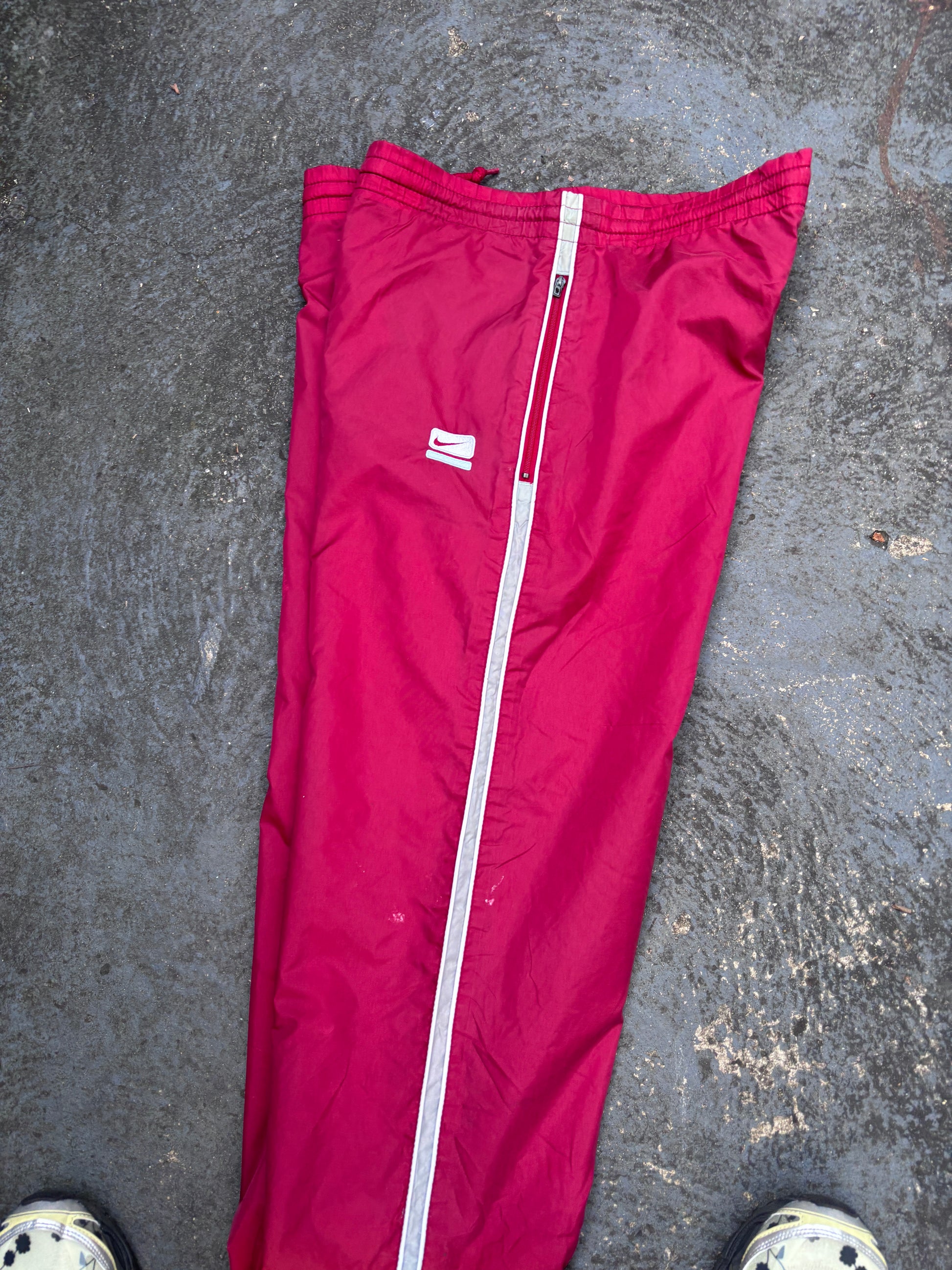 Vintage Y2K Nike Track Pants Womens M Red Grey White Detail Wide Leg Ankle Zip Logo