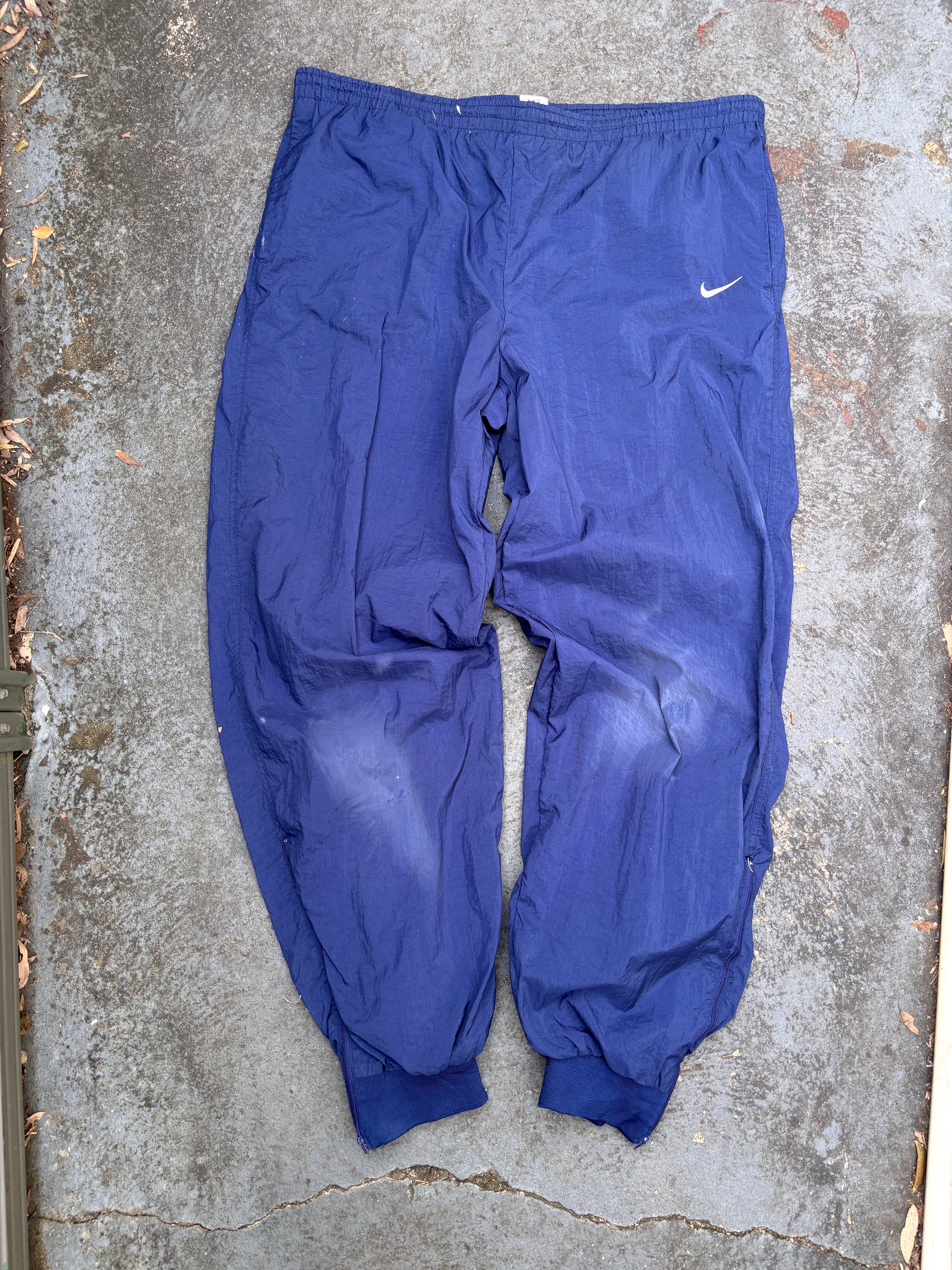 Vintage 90s Nike Track Pants XL Navy White Swoosh Wide Cuffed Ankle Windbreakers