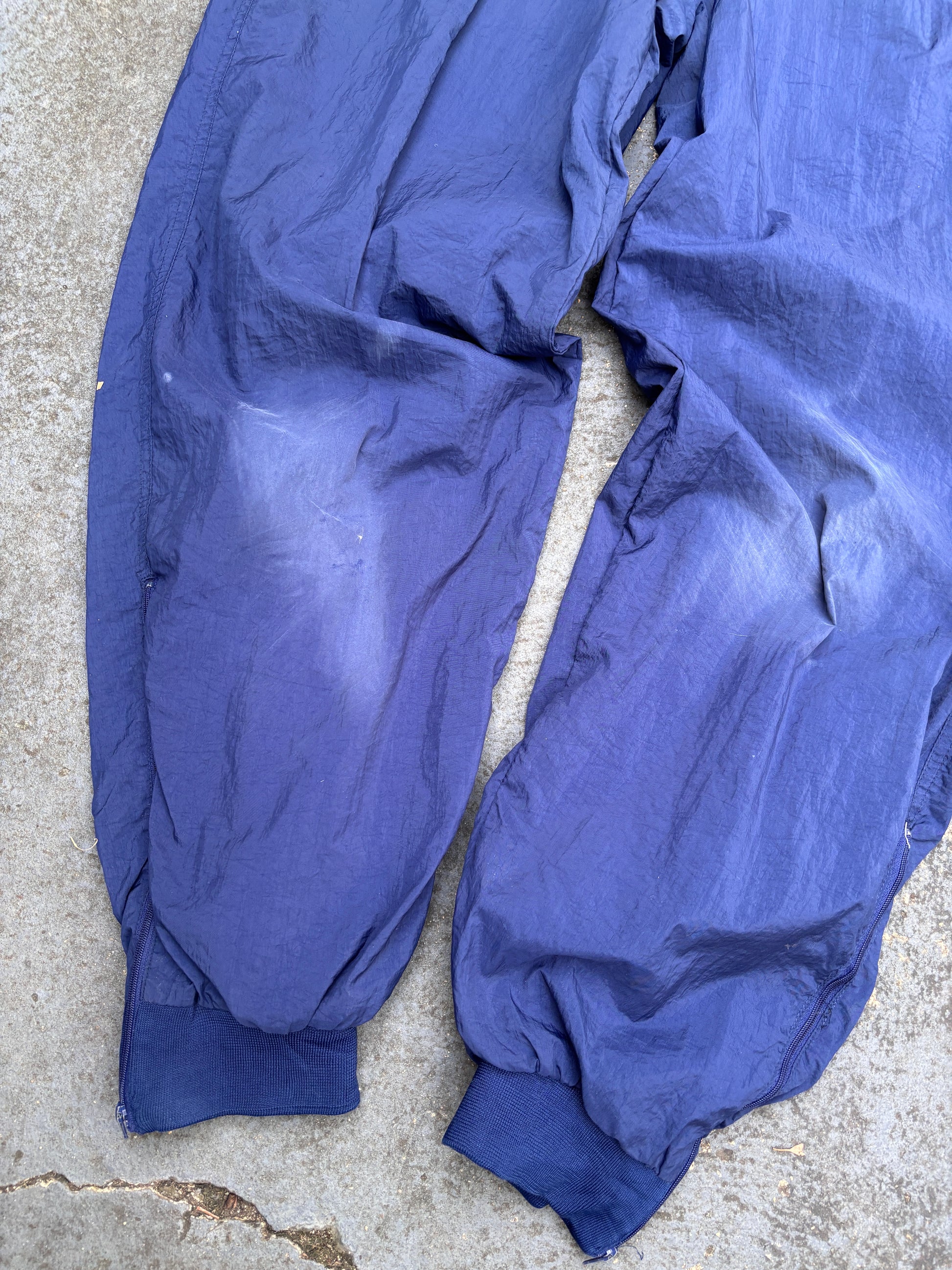 Vintage 90s Nike Track Pants XL Navy White Swoosh Wide Cuffed Ankle Windbreakers