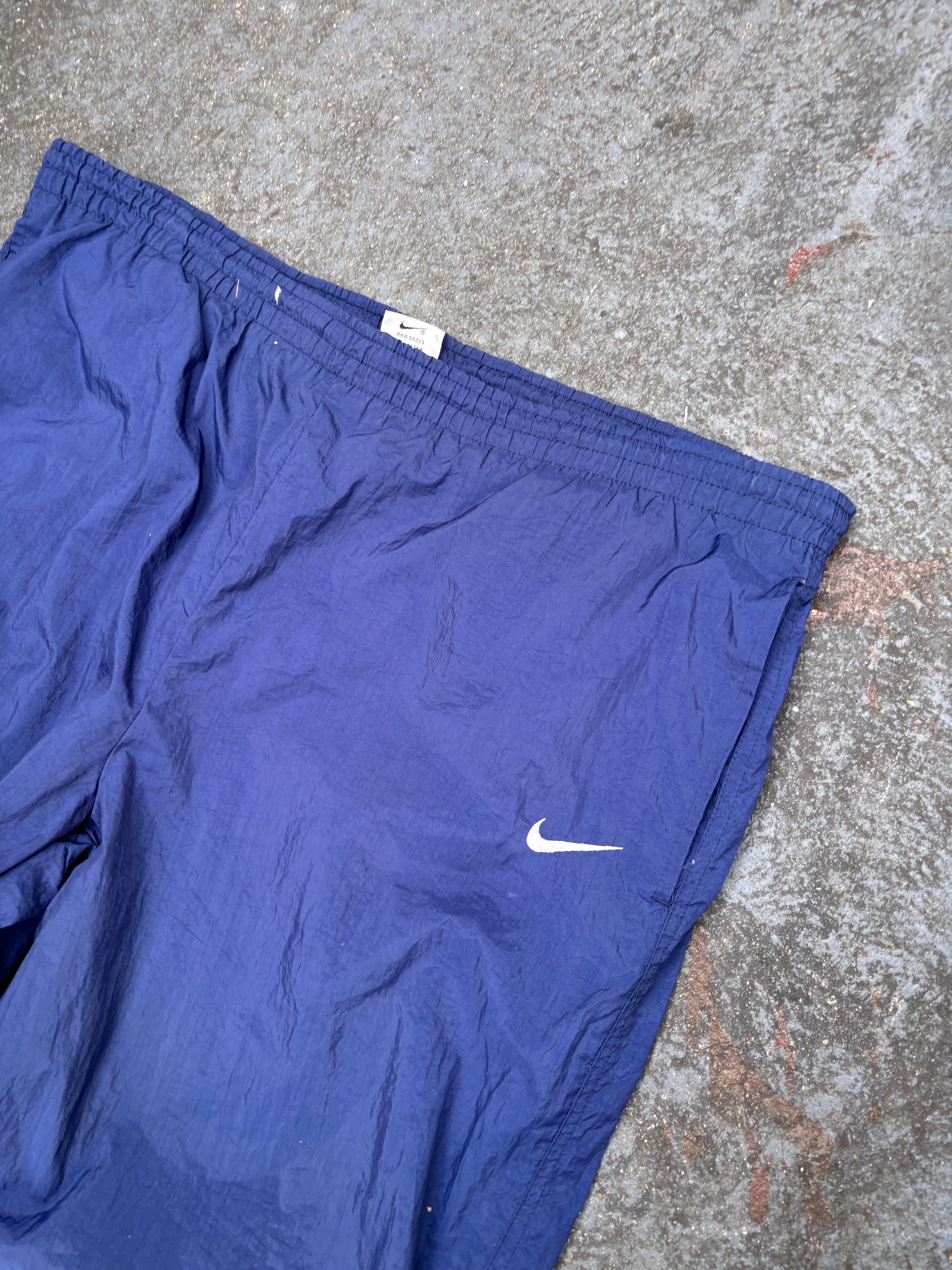 Vintage 90s Nike Track Pants XL Navy White Swoosh Wide Cuffed Ankle Windbreakers