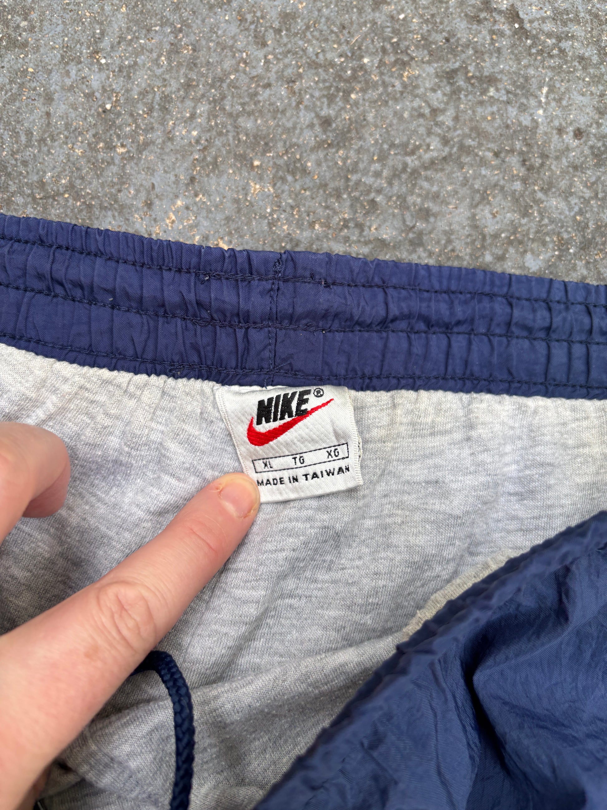 Vintage 90s Nike Track Pants XL Navy White Swoosh Wide Cuffed Ankle Windbreakers