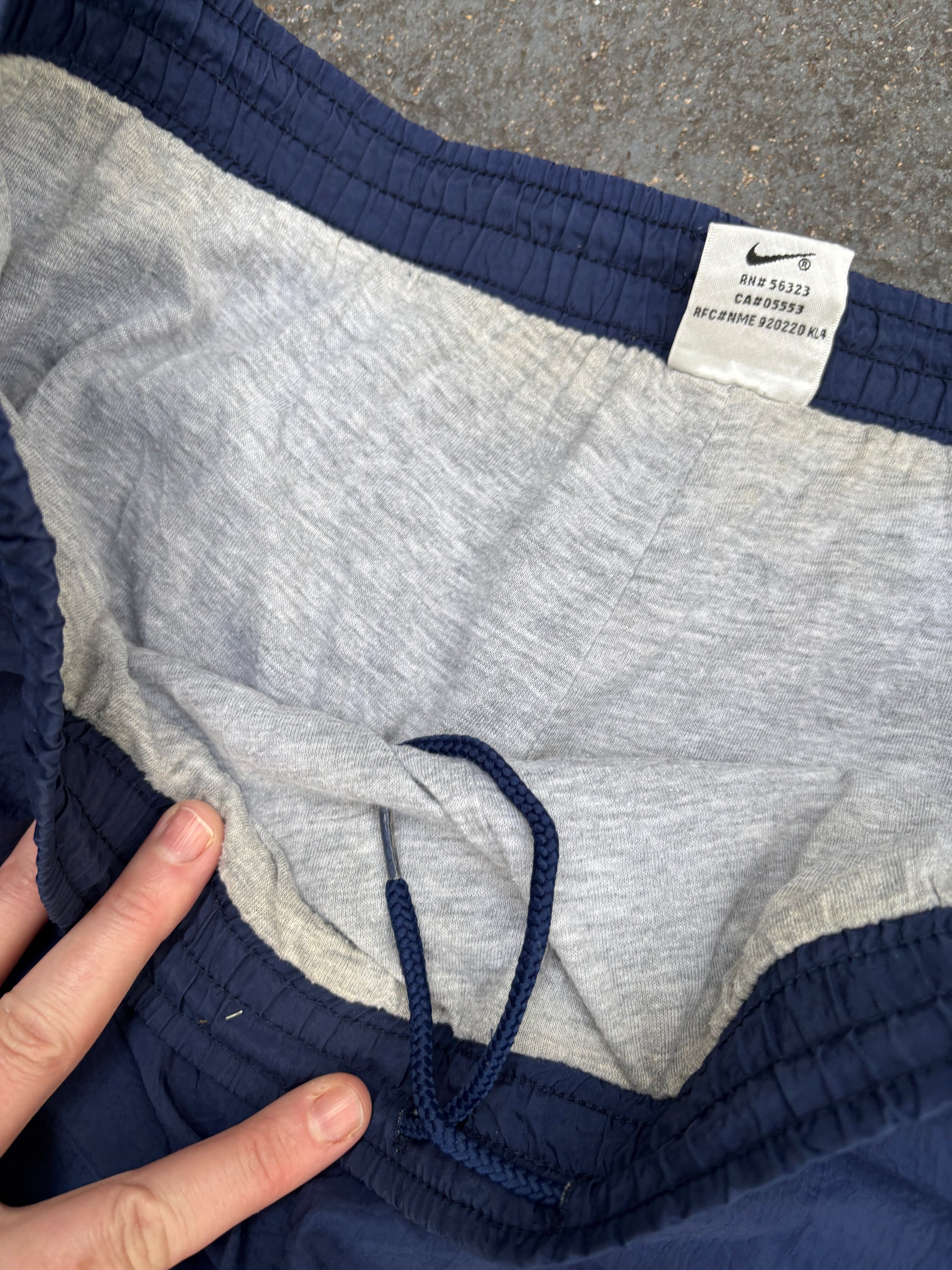 Vintage 90s Nike Track Pants XL Navy White Swoosh Wide Cuffed Ankle Windbreakers