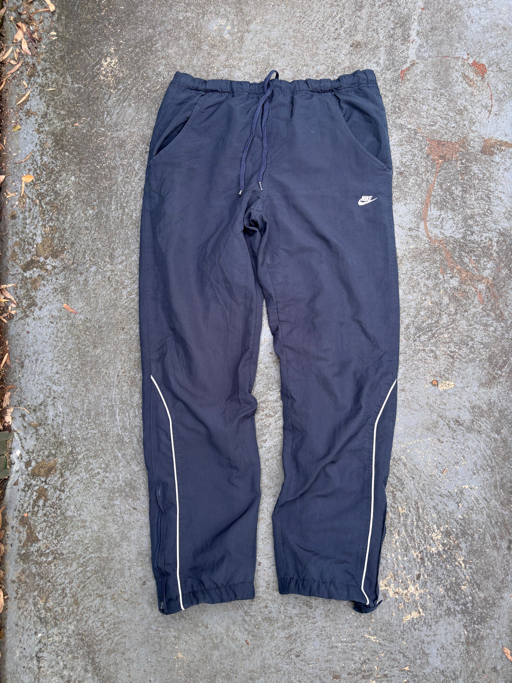 Vintage Y2K Nike Track Pants S Navy White Logo & Piping Wide Leg Windbreakers