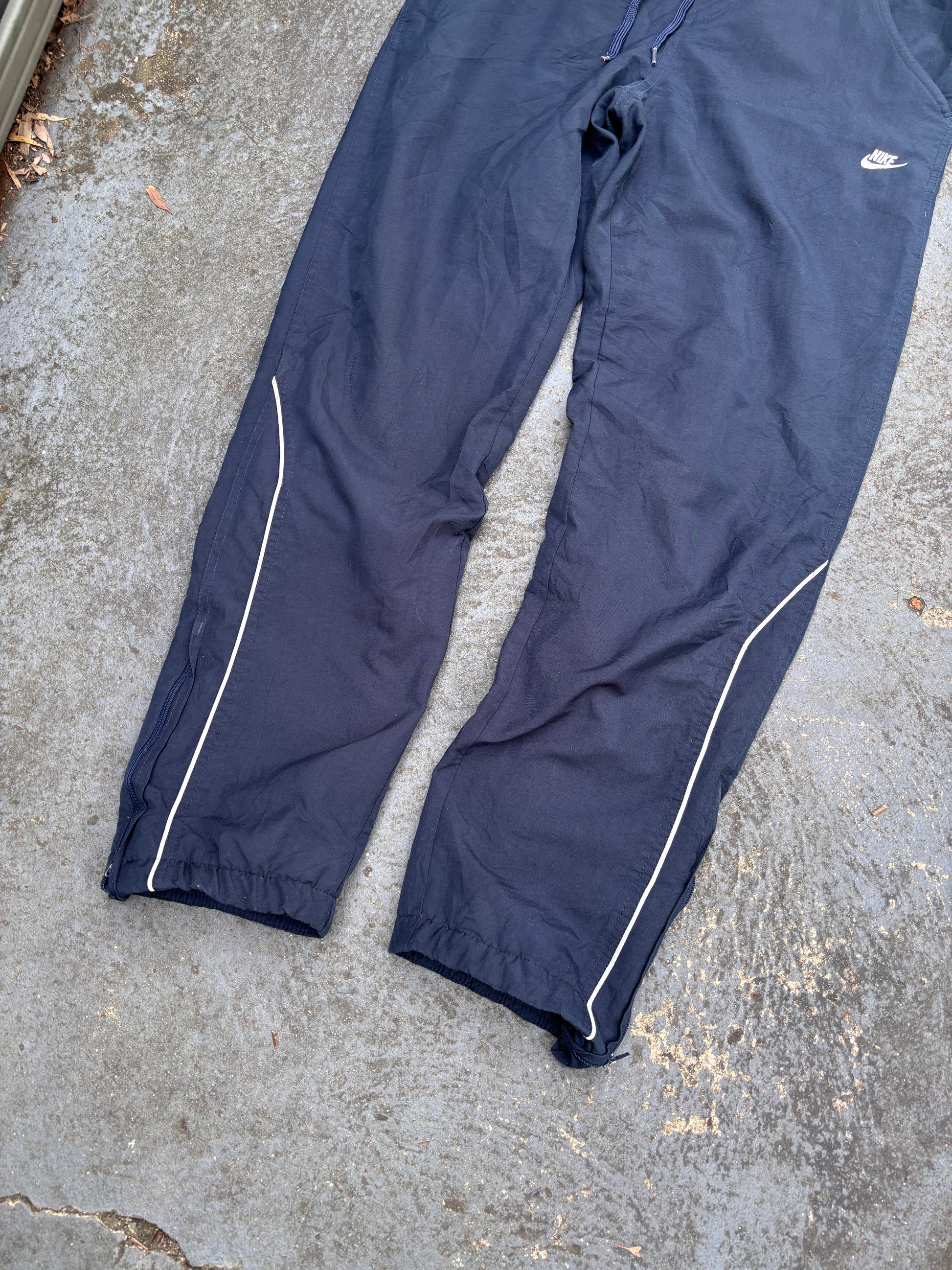 Vintage Y2K Nike Track Pants S Navy White Logo & Piping Wide Leg Windbreakers