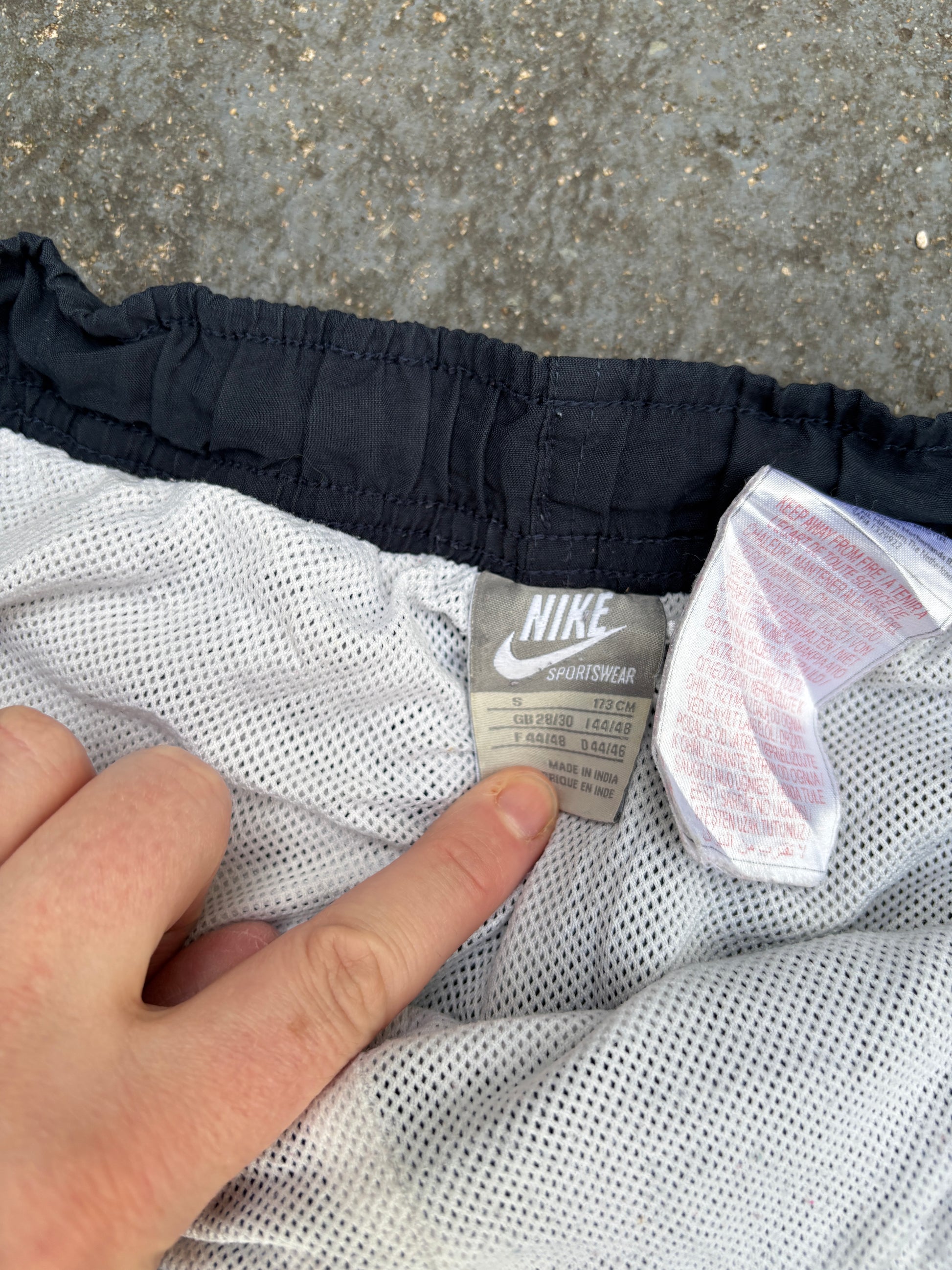 Vintage Y2K Nike Track Pants S Navy White Logo & Piping Wide Leg Windbreakers