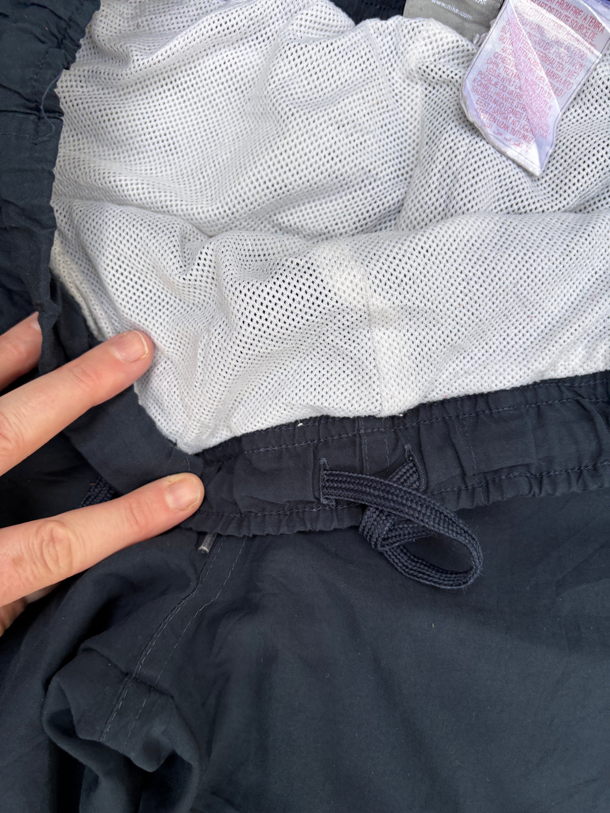 Vintage Y2K Nike Track Pants S Navy White Logo & Piping Wide Leg Windbreakers
