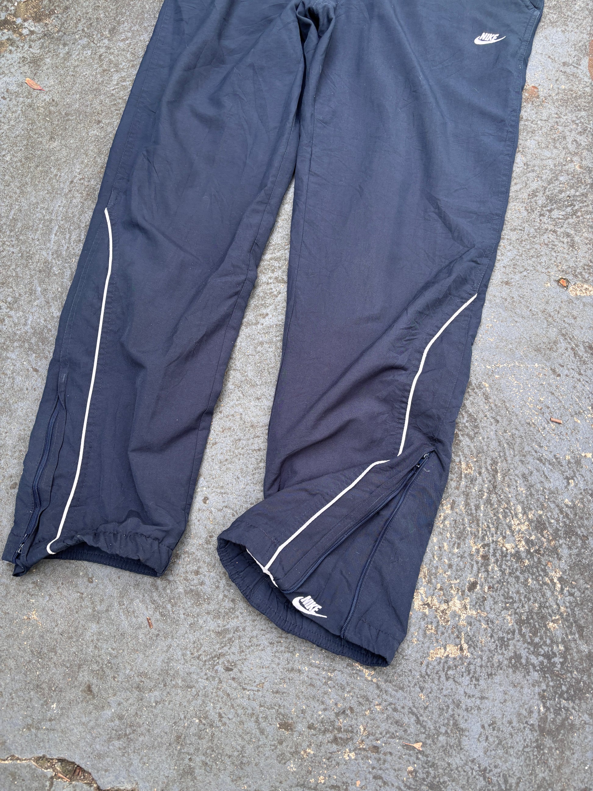 Vintage Y2K Nike Track Pants S Navy White Logo & Piping Wide Leg Windbreakers