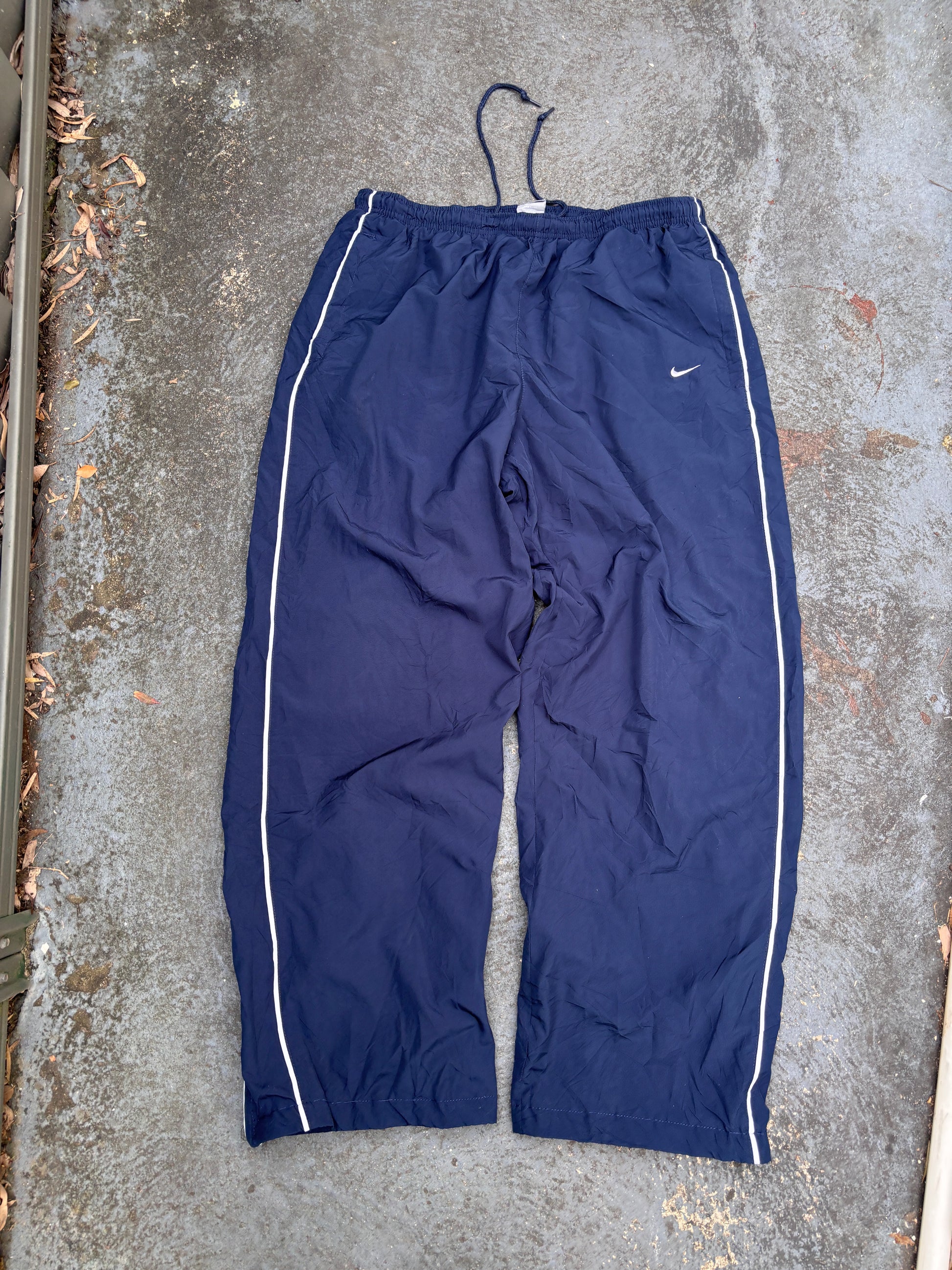 Vintage Y2K Nike Track Pants XL Navy White Swoosh Side Detail Wide Leg Ankle Zip