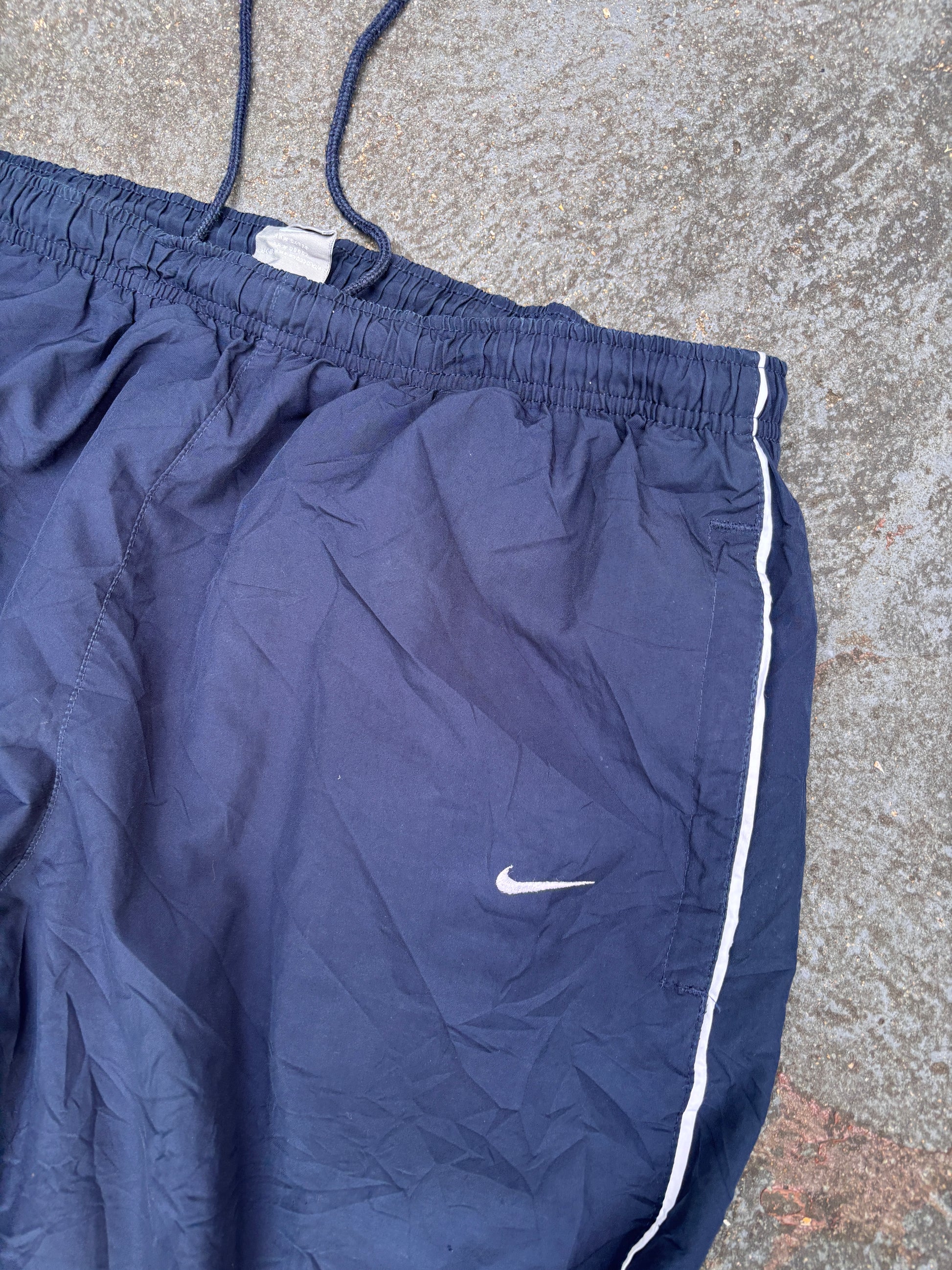 Vintage Y2K Nike Track Pants XL Navy White Swoosh Side Detail Wide Leg Ankle Zip