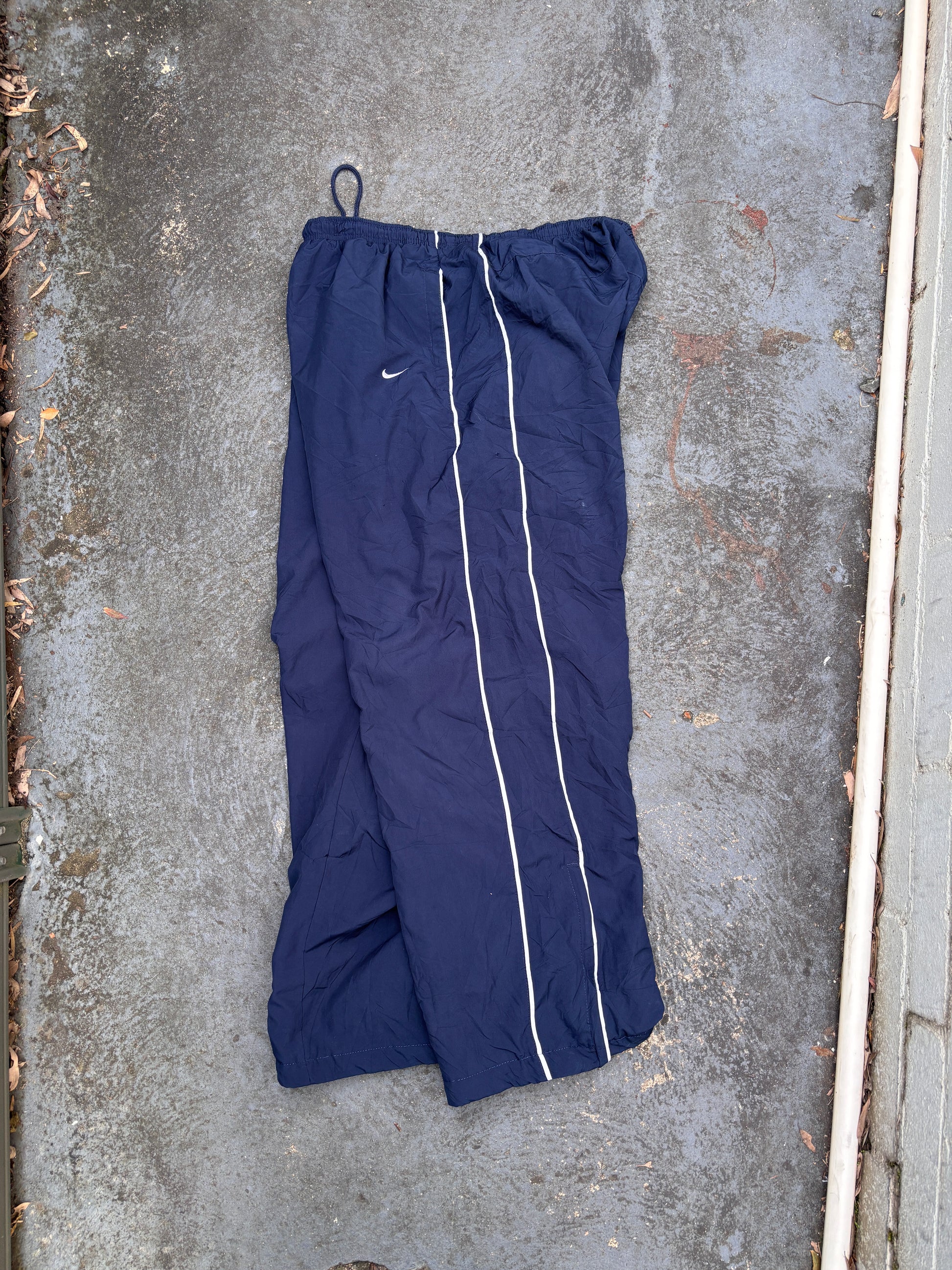 Vintage Y2K Nike Track Pants XL Navy White Swoosh Side Detail Wide Leg Ankle Zip