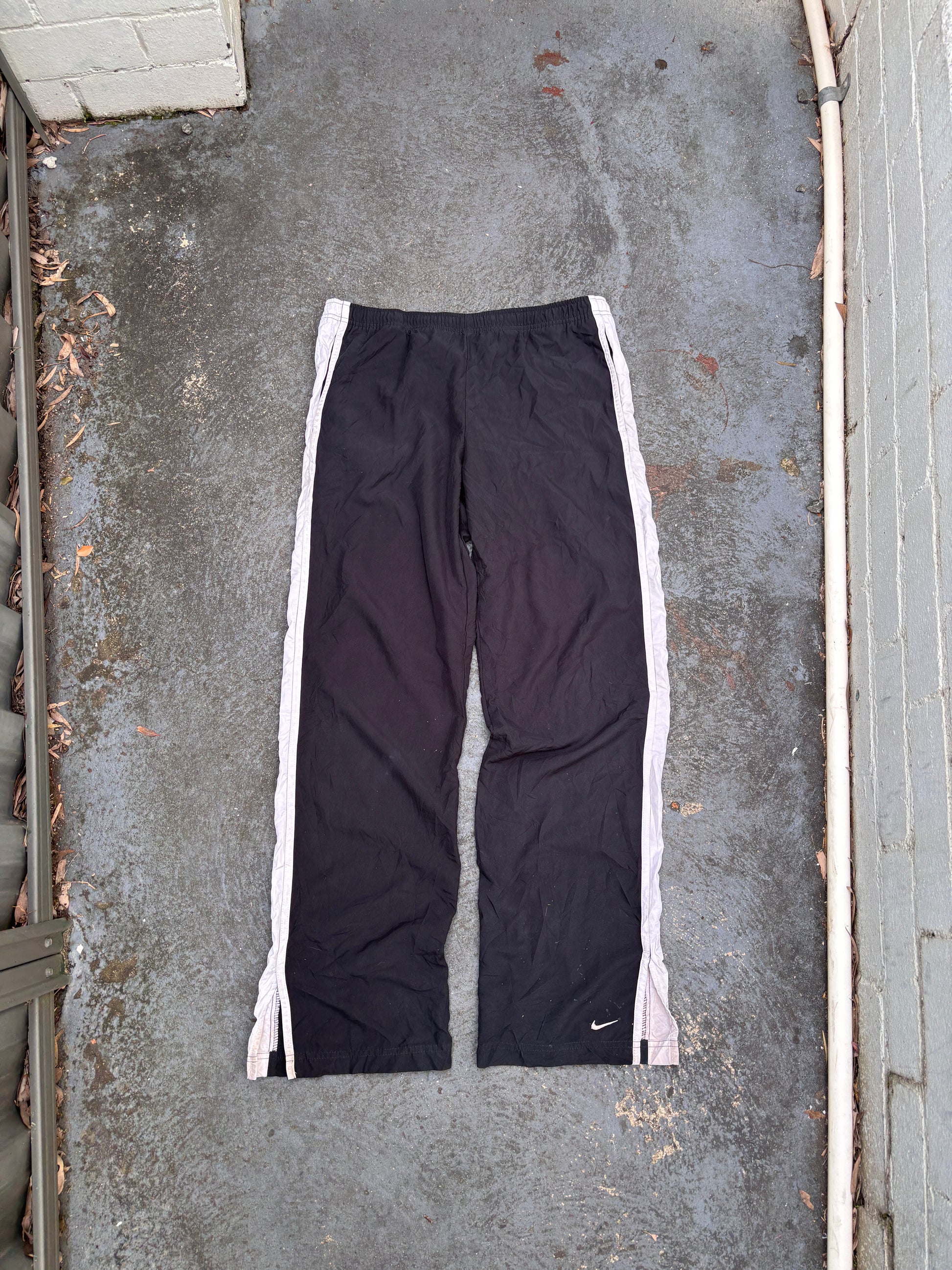 Vintage Y2K Nike Track Pants Womens M Black White Side Detail Wide Leg Ankle Slit