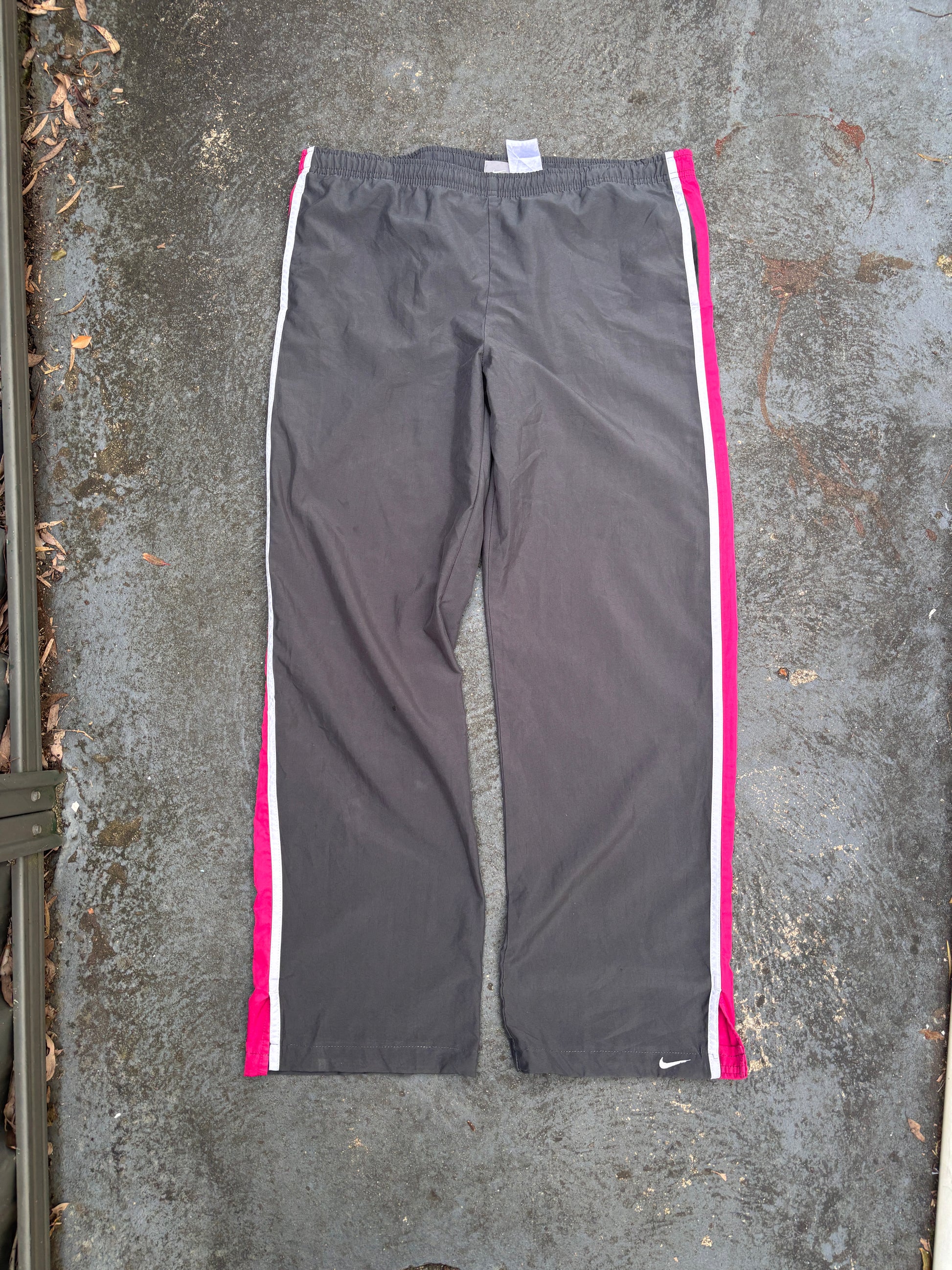 Vintage Y2K Nike Track Pants Womens M Grey Pink White Detail Ankle Swoosh Wide Leg