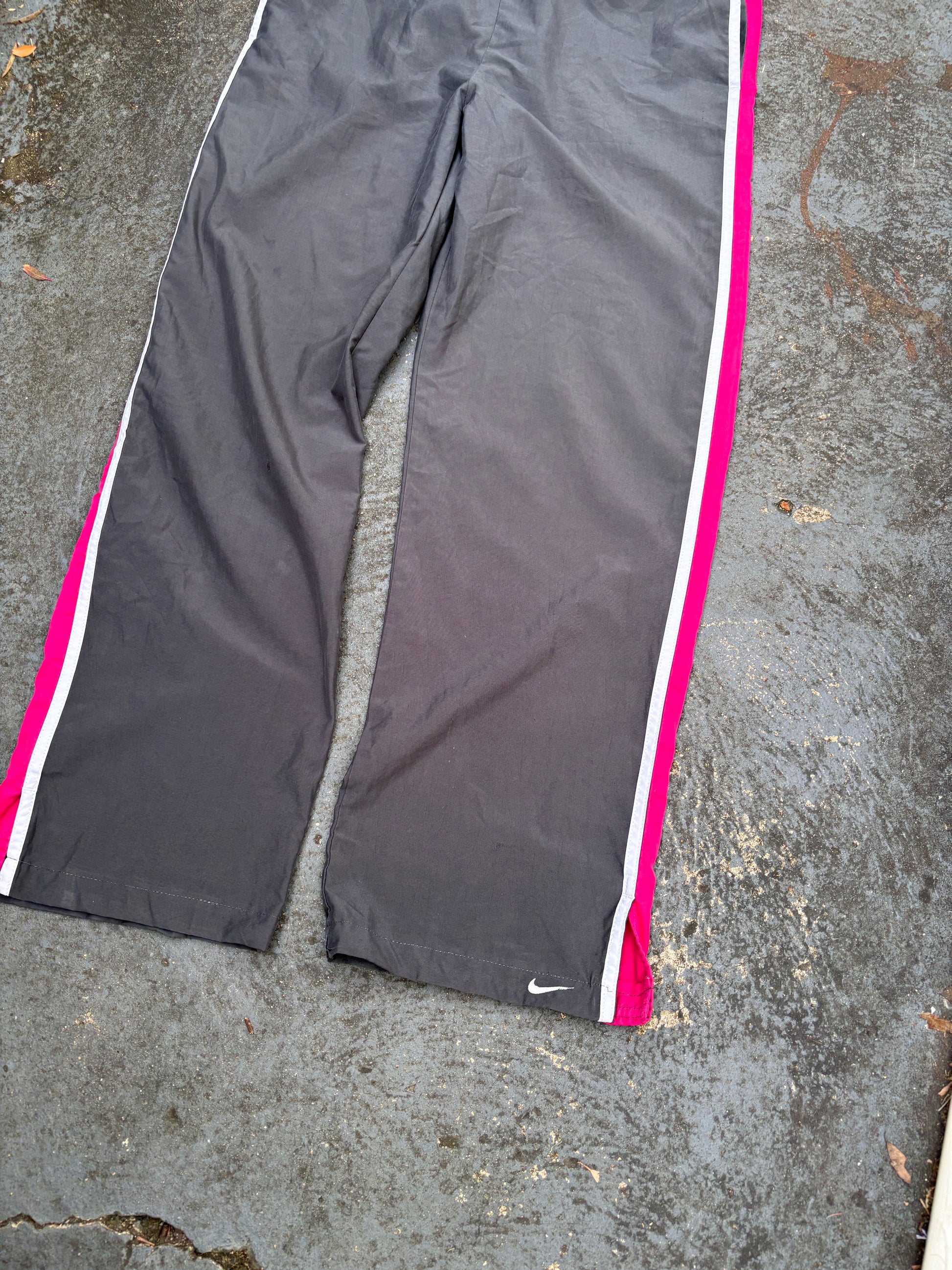 Vintage Y2K Nike Track Pants Womens M Grey Pink White Detail Ankle Swoosh Wide Leg