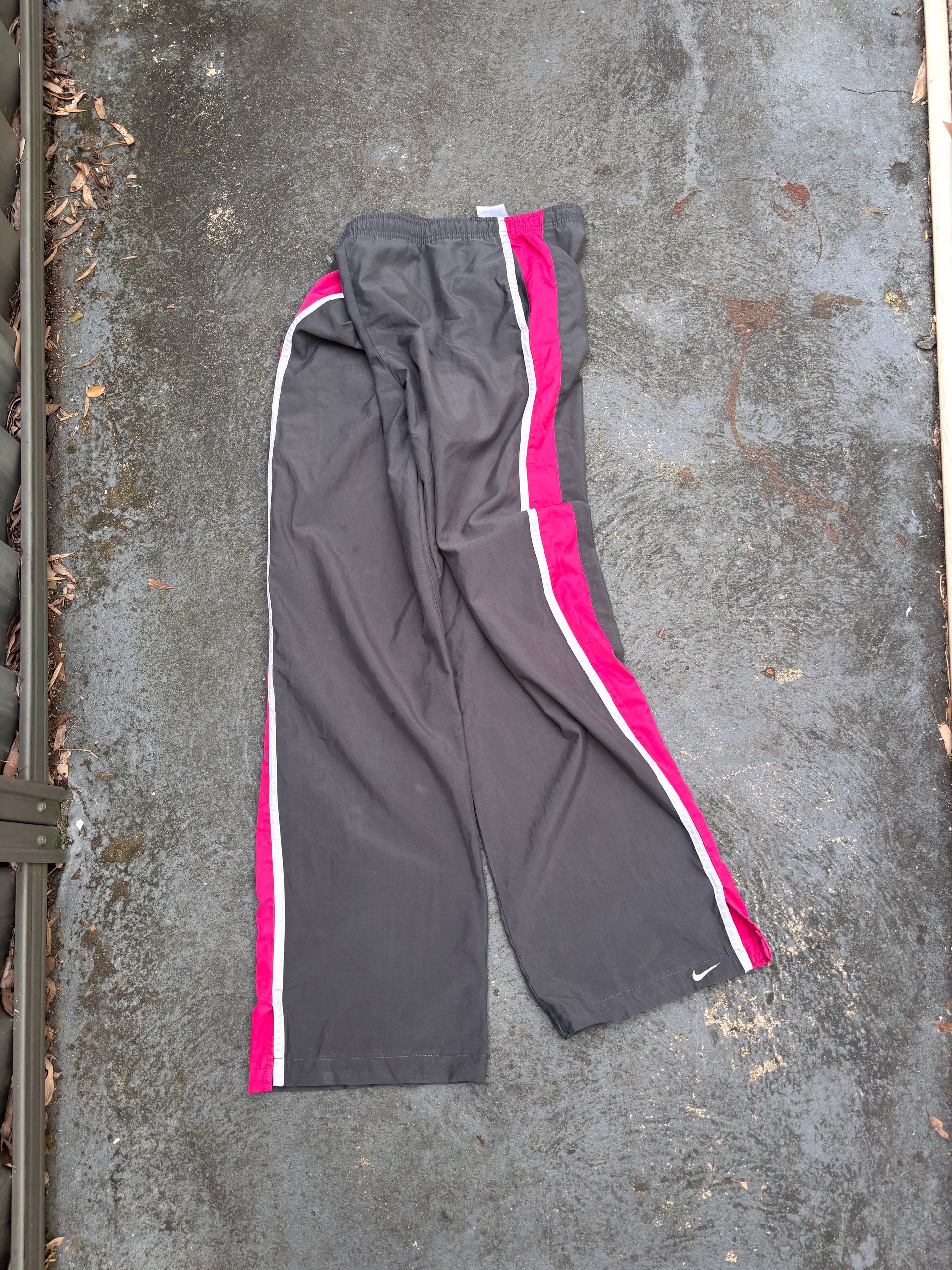 Vintage Y2K Nike Track Pants Womens M Grey Pink White Detail Ankle Swoosh Wide Leg