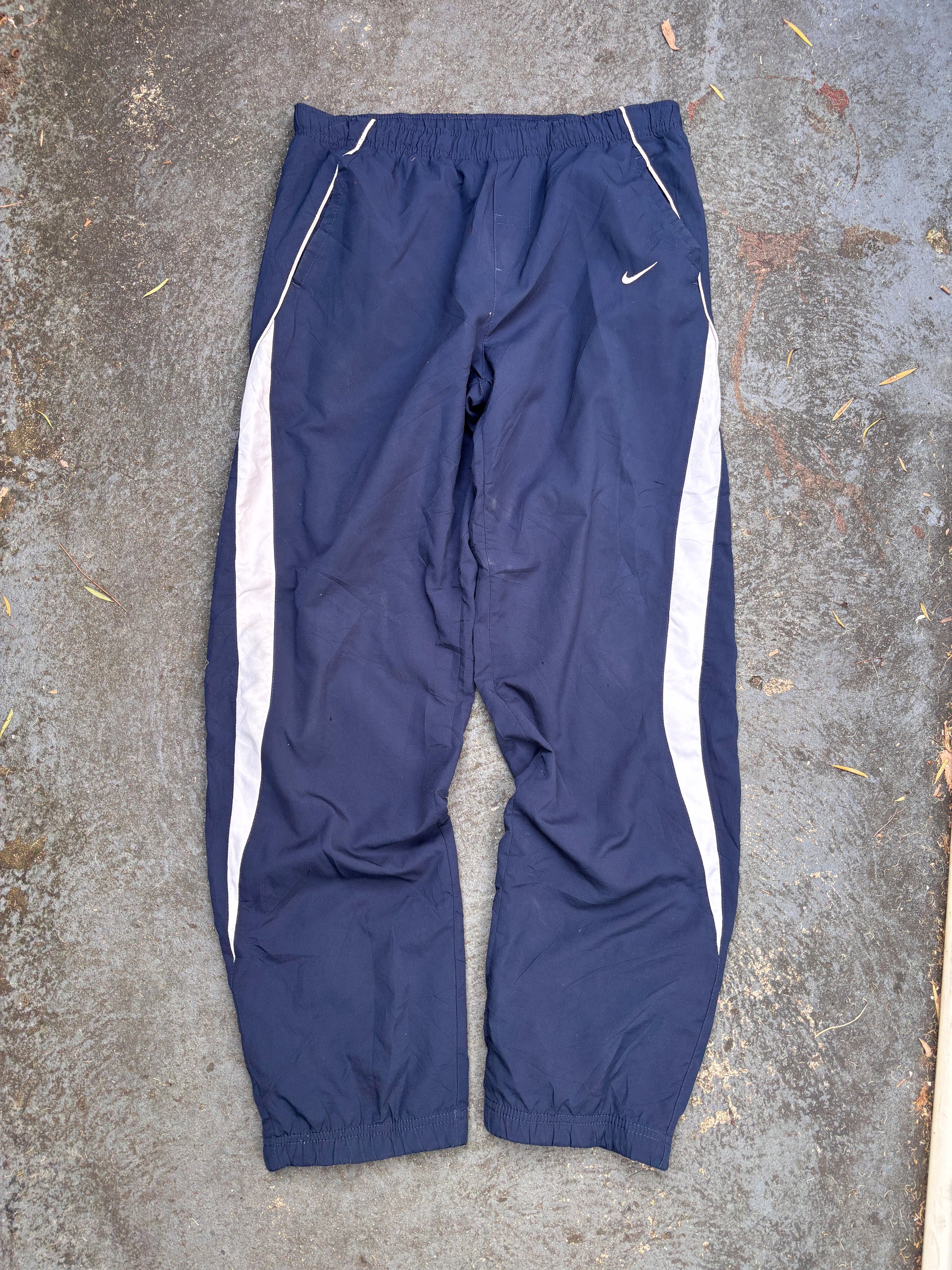 Vintage Y2K Nike Track Pants M Navy White Side Detail Wide Leg Nylon Windbreakers