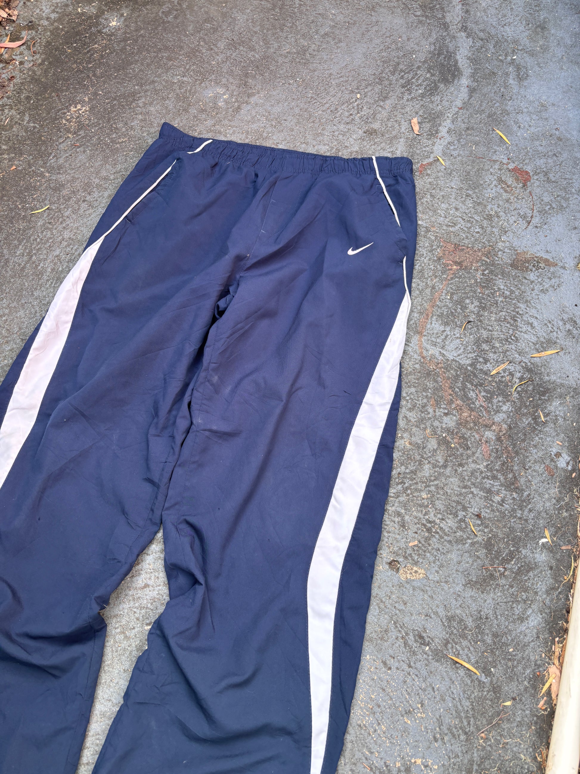 Vintage Y2K Nike Track Pants M Navy White Side Detail Wide Leg Nylon Windbreakers