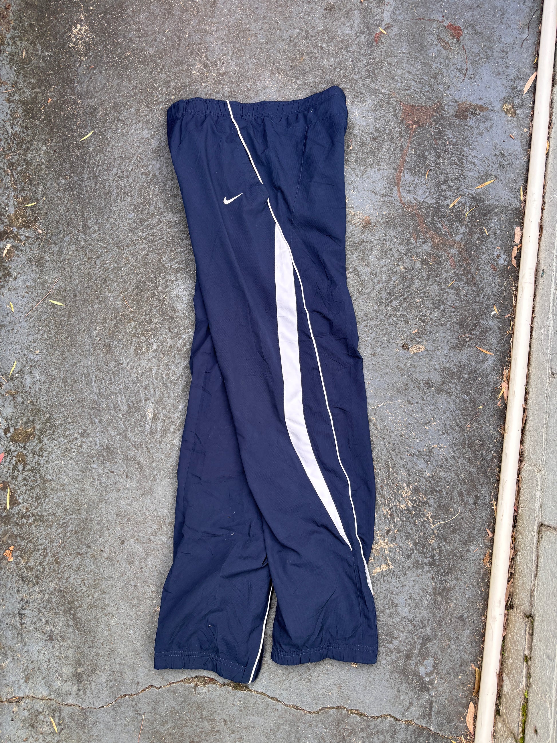 Vintage Y2K Nike Track Pants M Navy White Side Detail Wide Leg Nylon Windbreakers