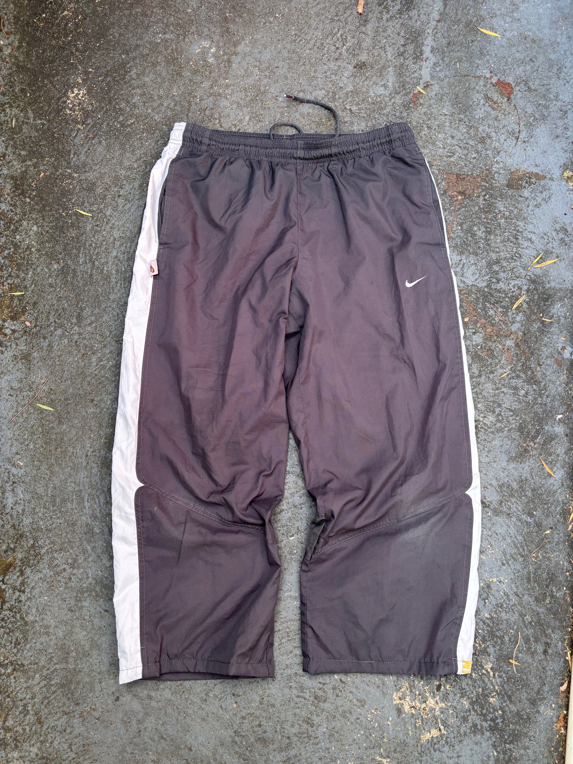 Vintage Y2K Nike Track Pants Womens M Grey White Swoosh Side Detail Wide Leg 7/8 Capri