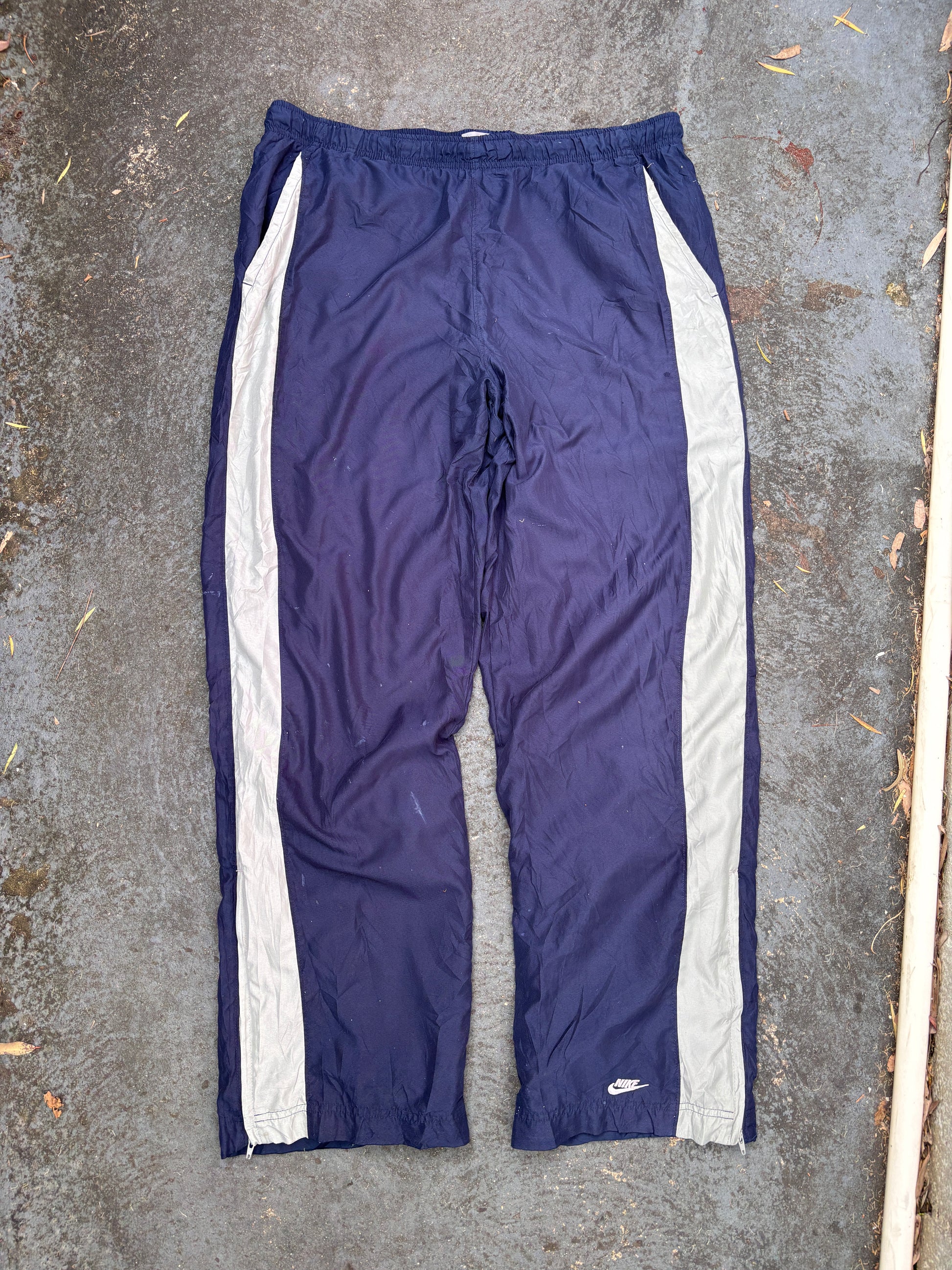 Vintage Y2K Nike Track Pants L Navy Grey Detail Ankle Logo Wide Leg Windbreakers