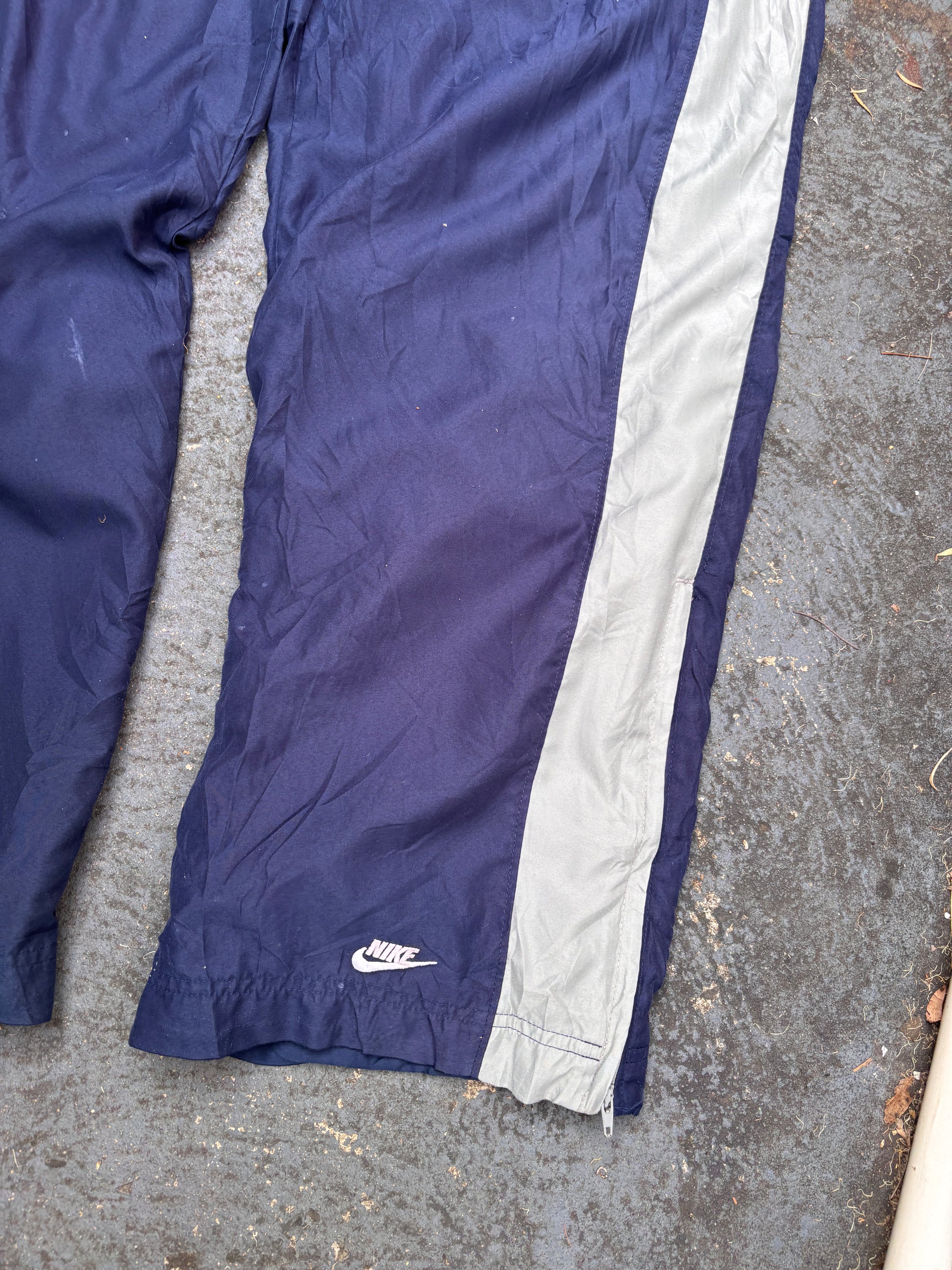 Vintage Y2K Nike Track Pants L Navy Grey Detail Ankle Logo Wide Leg Windbreakers