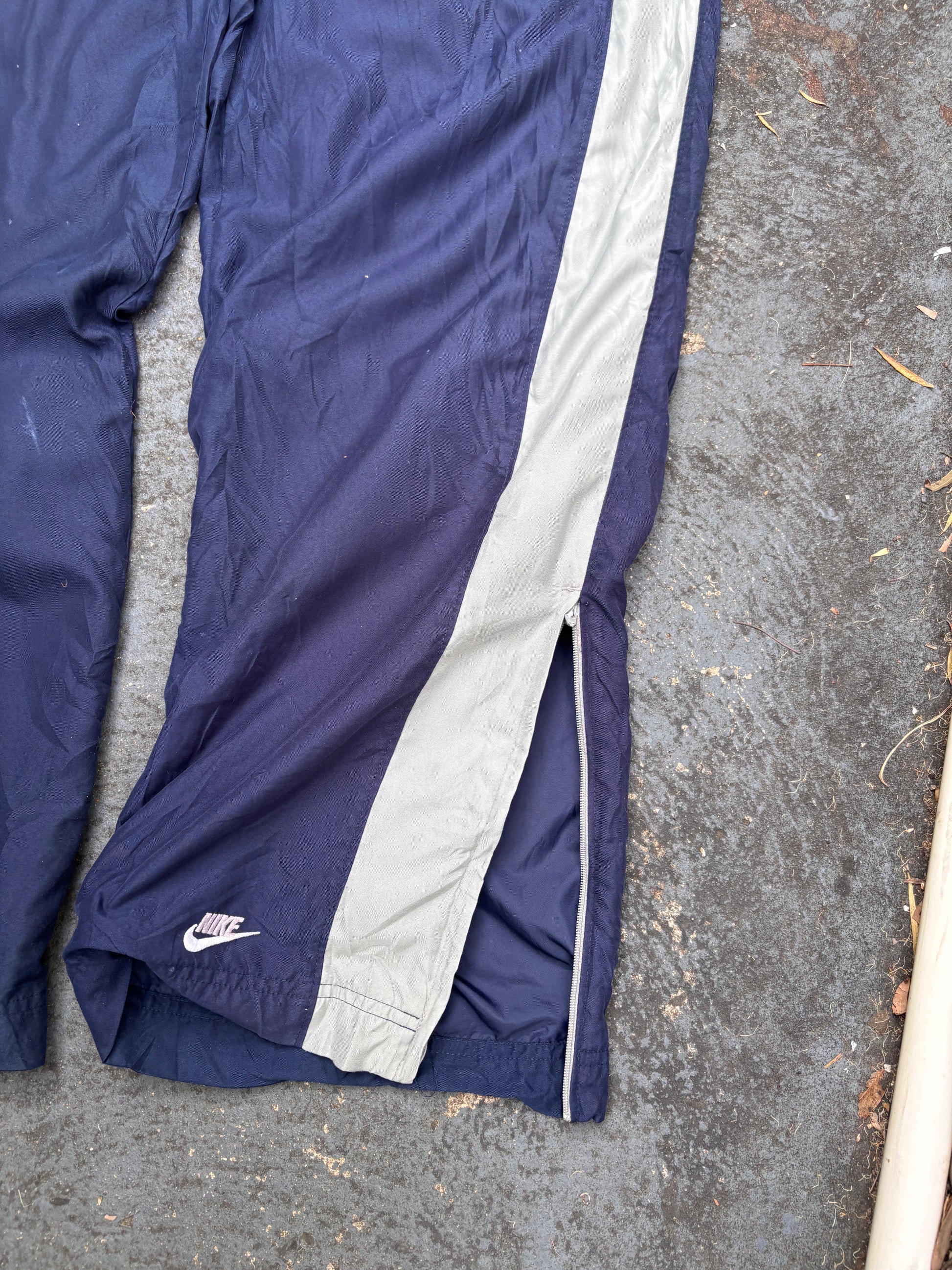 Vintage Y2K Nike Track Pants L Navy Grey Detail Ankle Logo Wide Leg Windbreakers