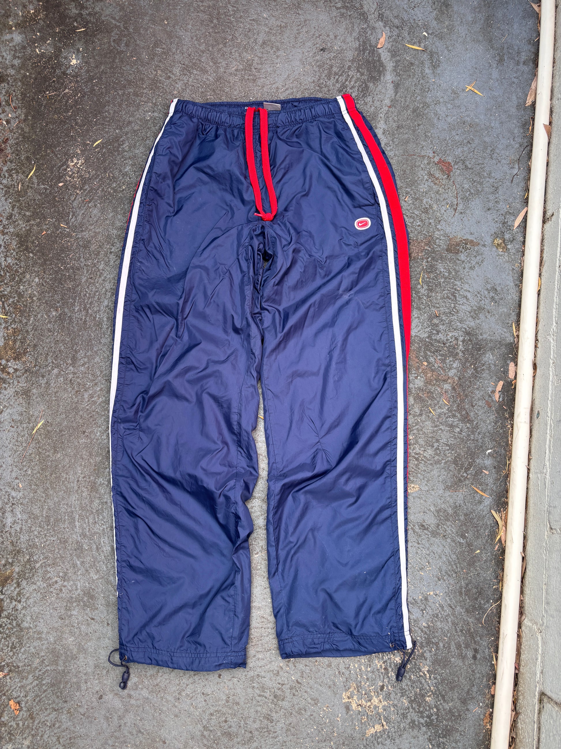 Vintage Y2K Nike Track Pants L Navy Red Cortez '72 Detail Wide Leg Bungee Ankle Windbreaker