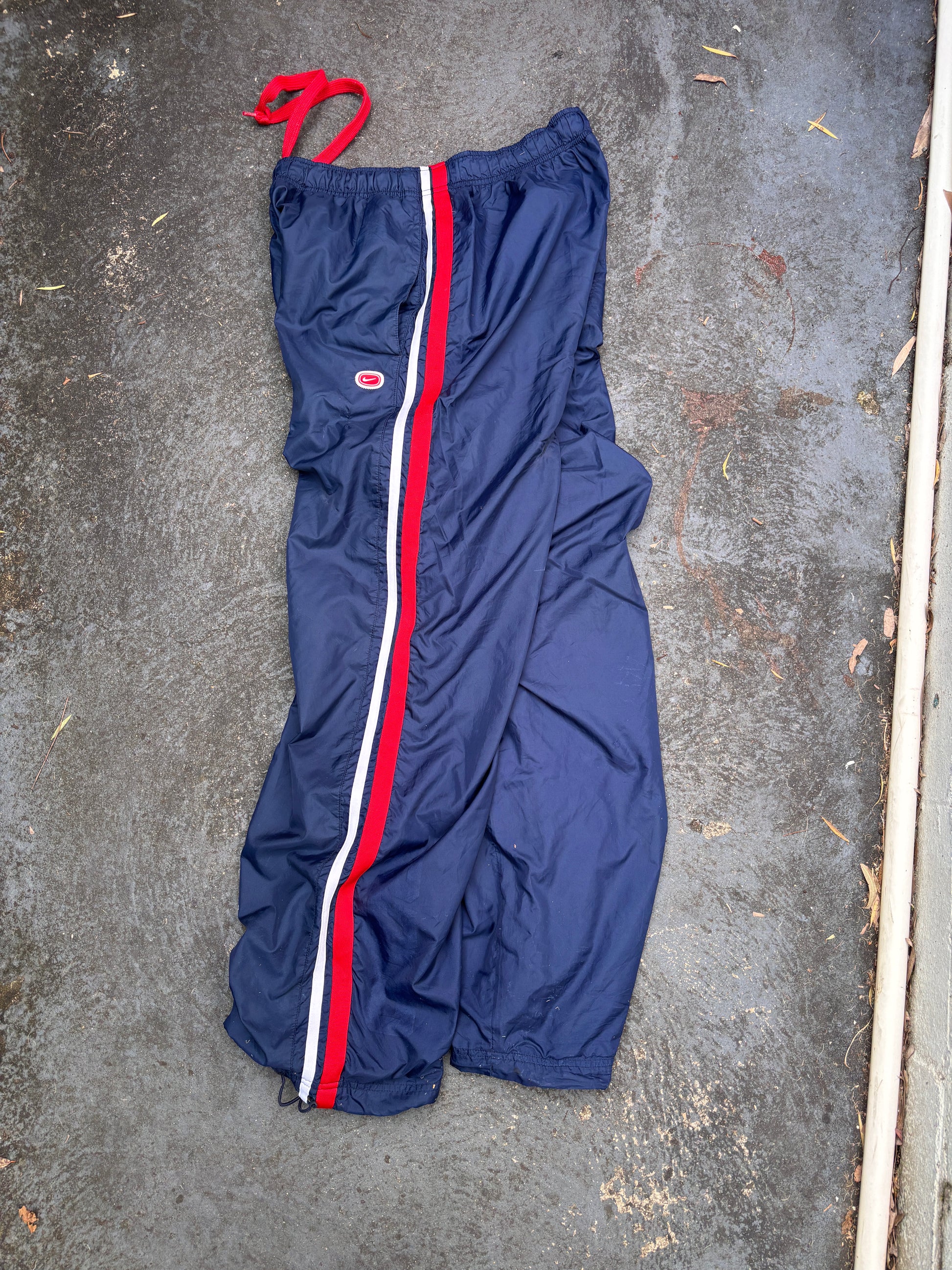Vintage Y2K Nike Track Pants L Navy Red Cortez '72 Detail Wide Leg Bungee Ankle Windbreaker