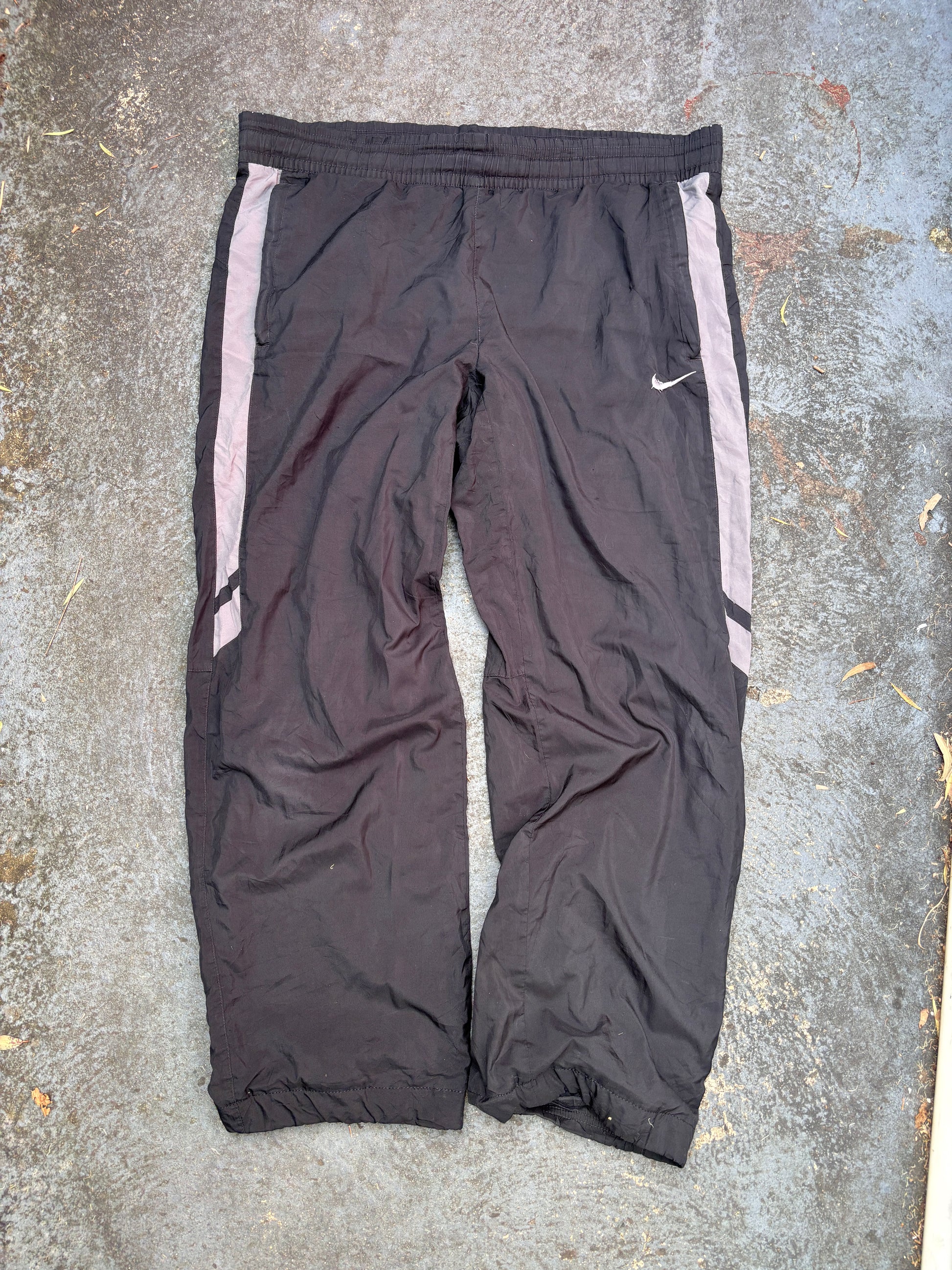 Vintage Y2K Nike Track Pants M Black Grey Swoosh Side Detail Wide Leg Windbreakers
