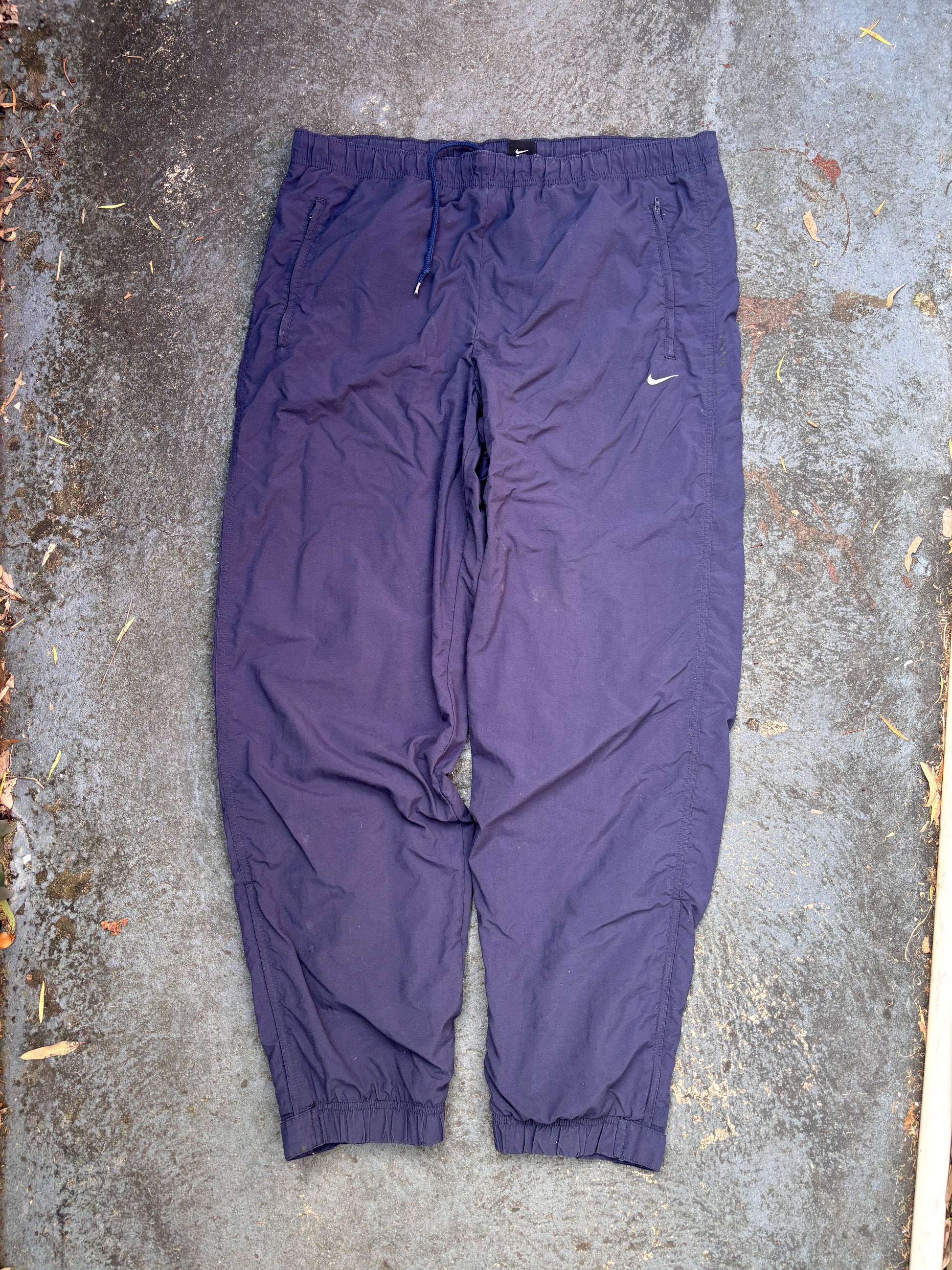Vintage 90s Nike Track Pants Men’s L Navy Nylon Wide Leg White Swoosh Windbreakers