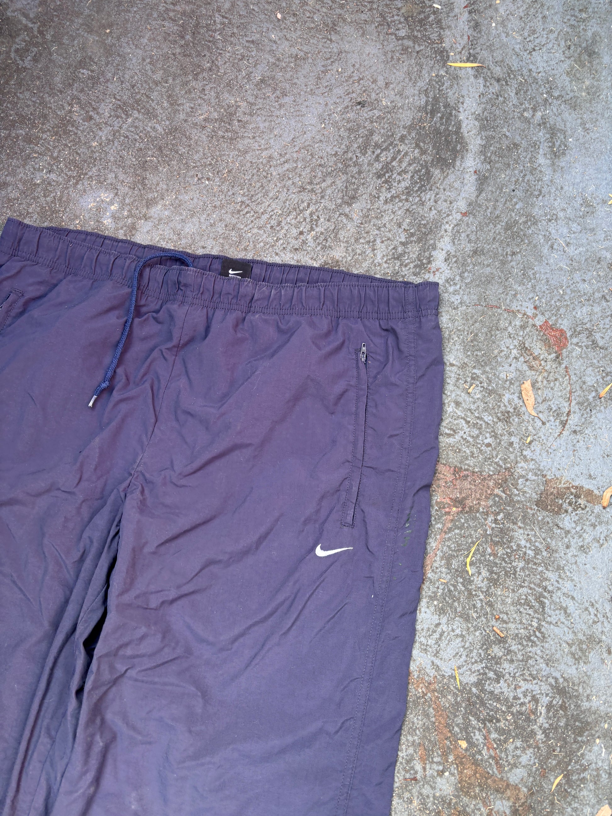 Vintage 90s Nike Track Pants Men’s L Navy Nylon Wide Leg White Swoosh Windbreakers