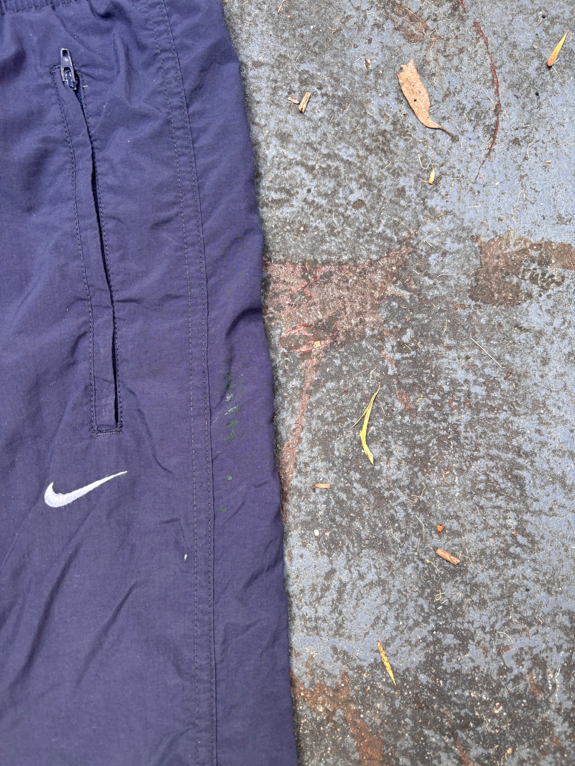 Vintage 90s Nike Track Pants Men’s L Navy Nylon Wide Leg White Swoosh Windbreakers