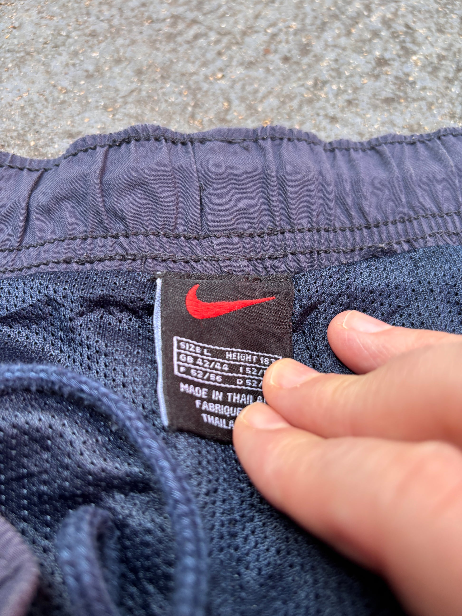 Vintage 90s Nike Track Pants Men’s L Navy Nylon Wide Leg White Swoosh Windbreakers