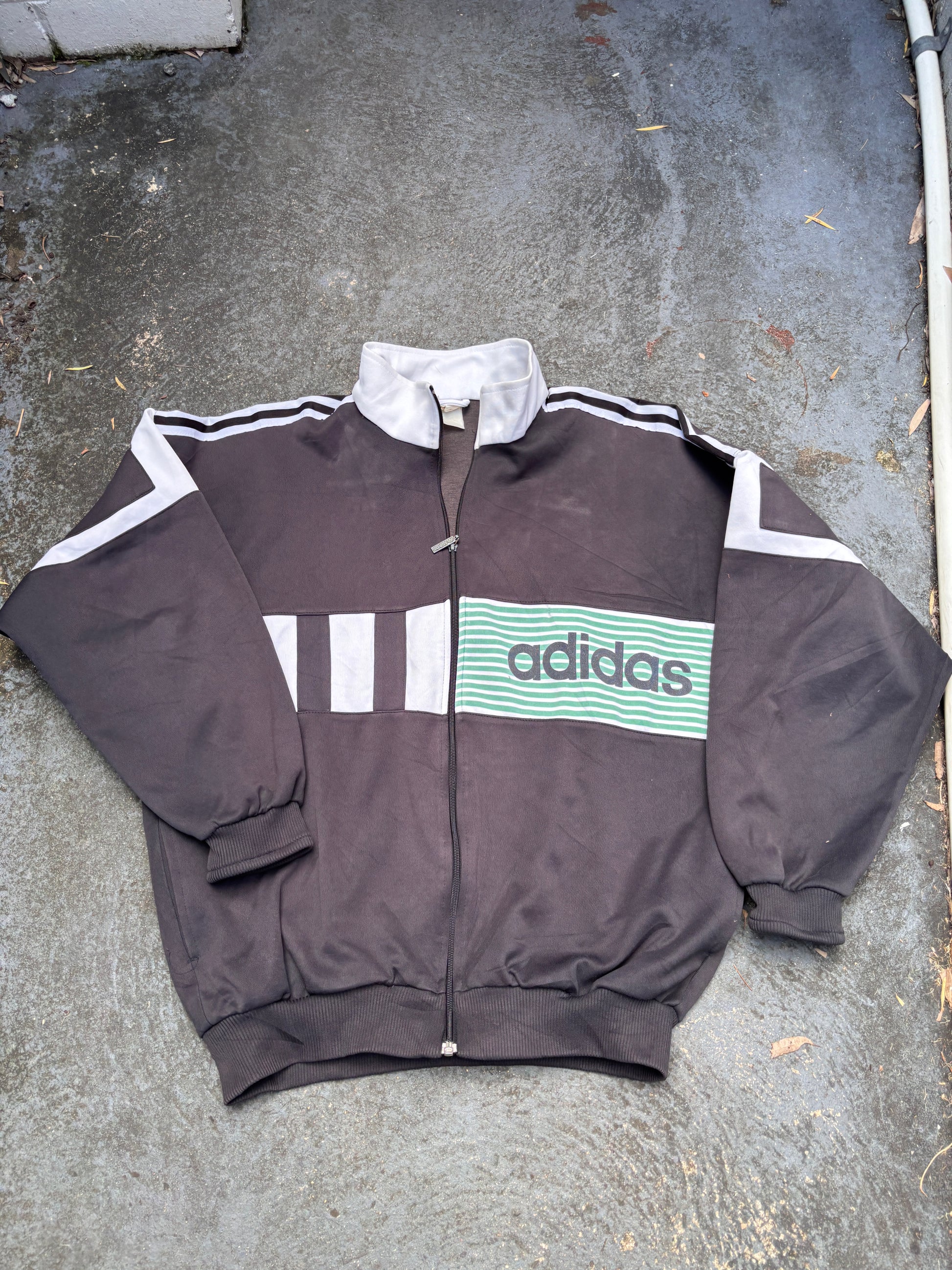 Vintage 90s Adidas Jumper Size XL Black White Detail Spell Out 3 Stripe Fleece Full Zip