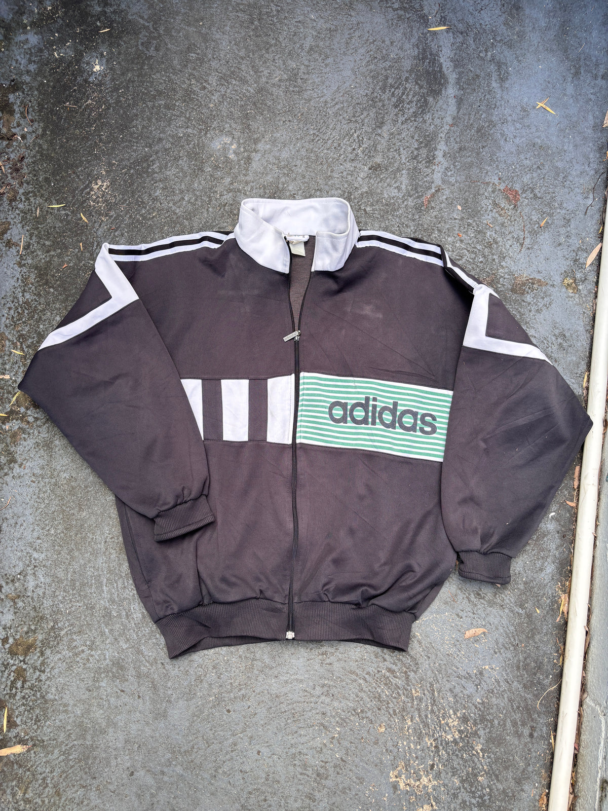 Vintage 90s Adidas Jumper Size XL Black White Detail Spell Out 3 Stripe Fleece Full Zip