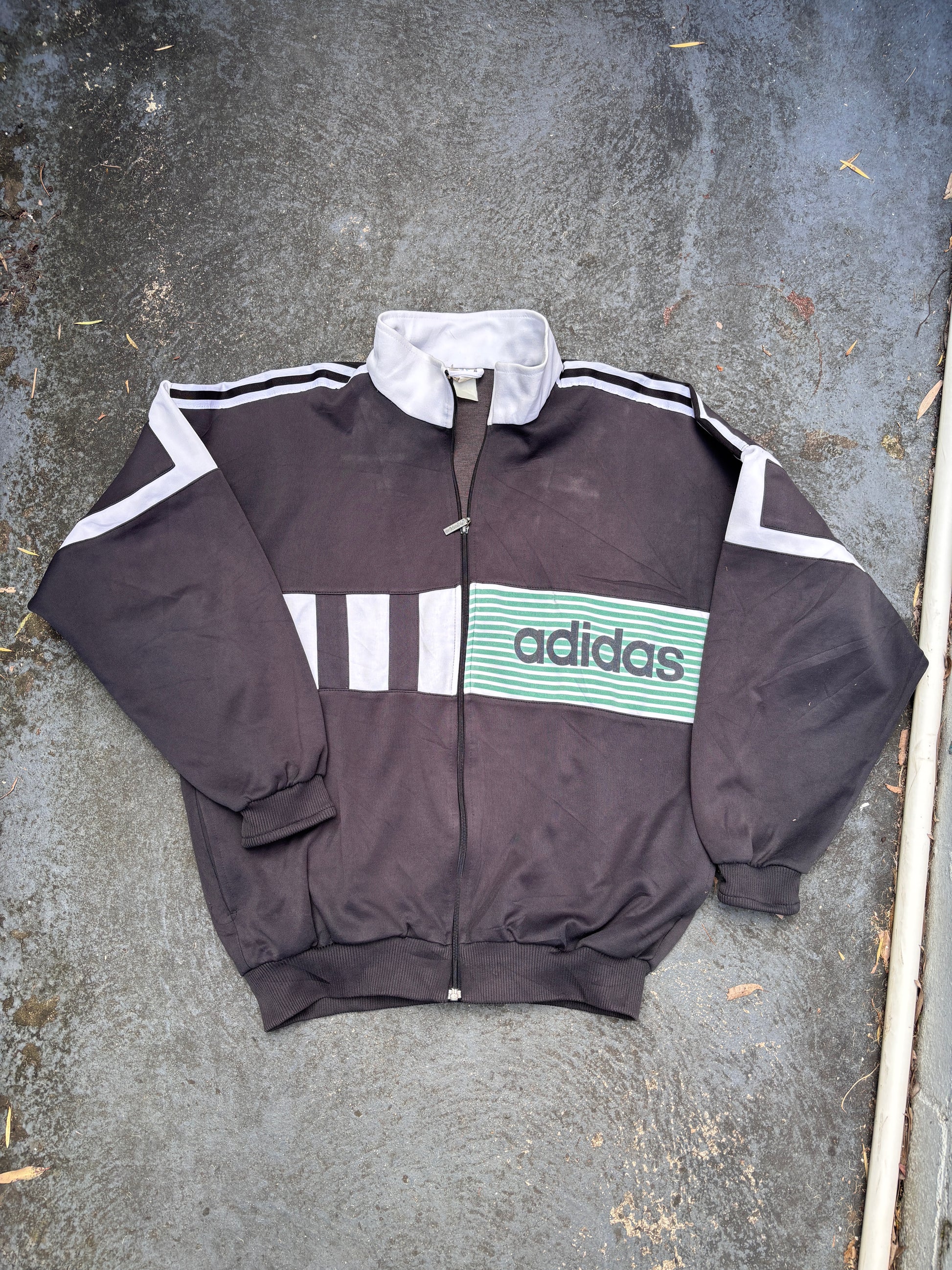 Vintage 90s Adidas Jumper Size XL Black White Detail Spell Out 3 Stripe Fleece Full Zip