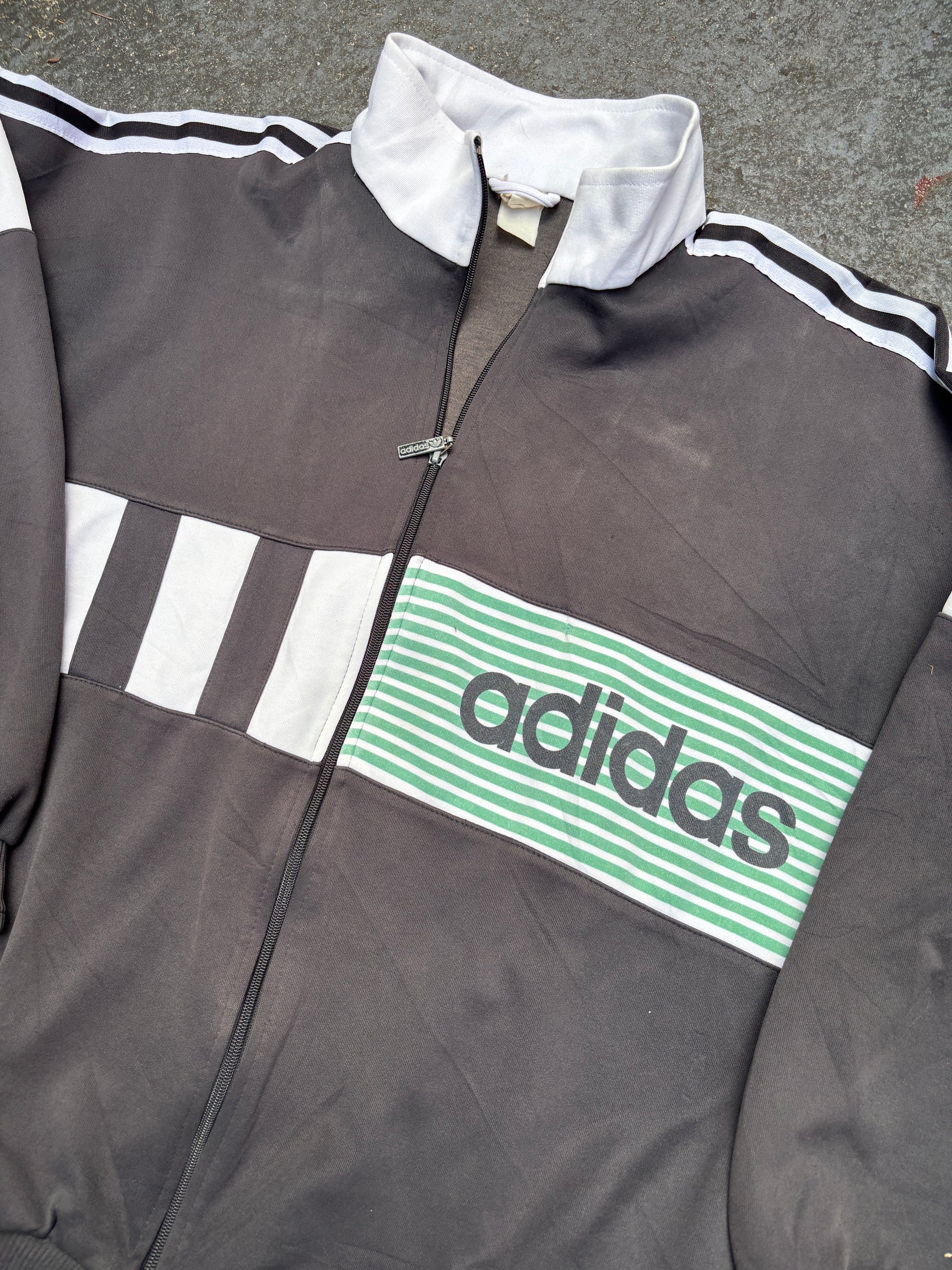 Vintage 90s Adidas Jumper Size XL Black White Detail Spell Out 3 Stripe Fleece Full Zip