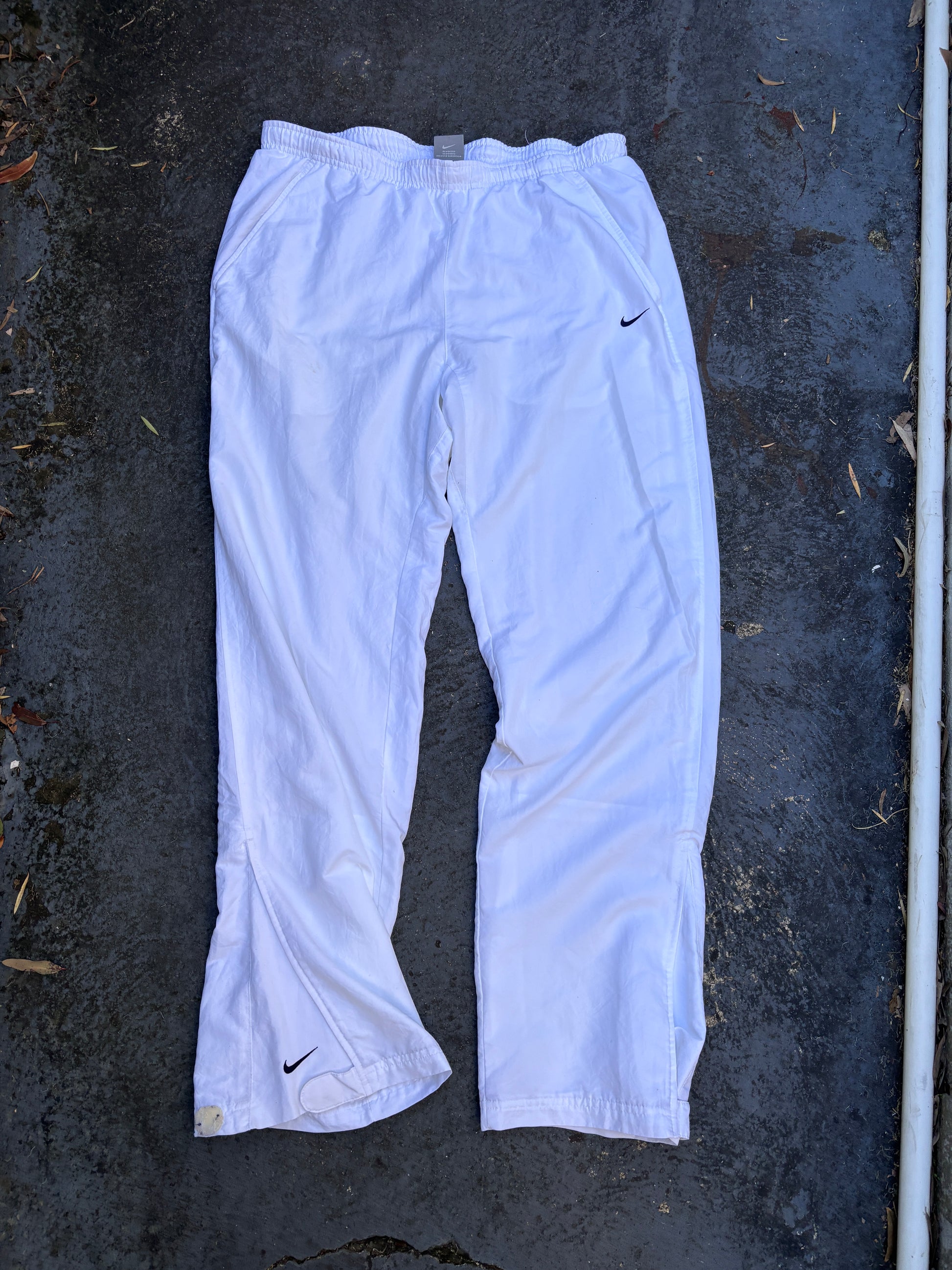 Vintage Y2K Nike Track Pants L White Black Swoosh Wide Leg Ankle Velcro Windbreakers