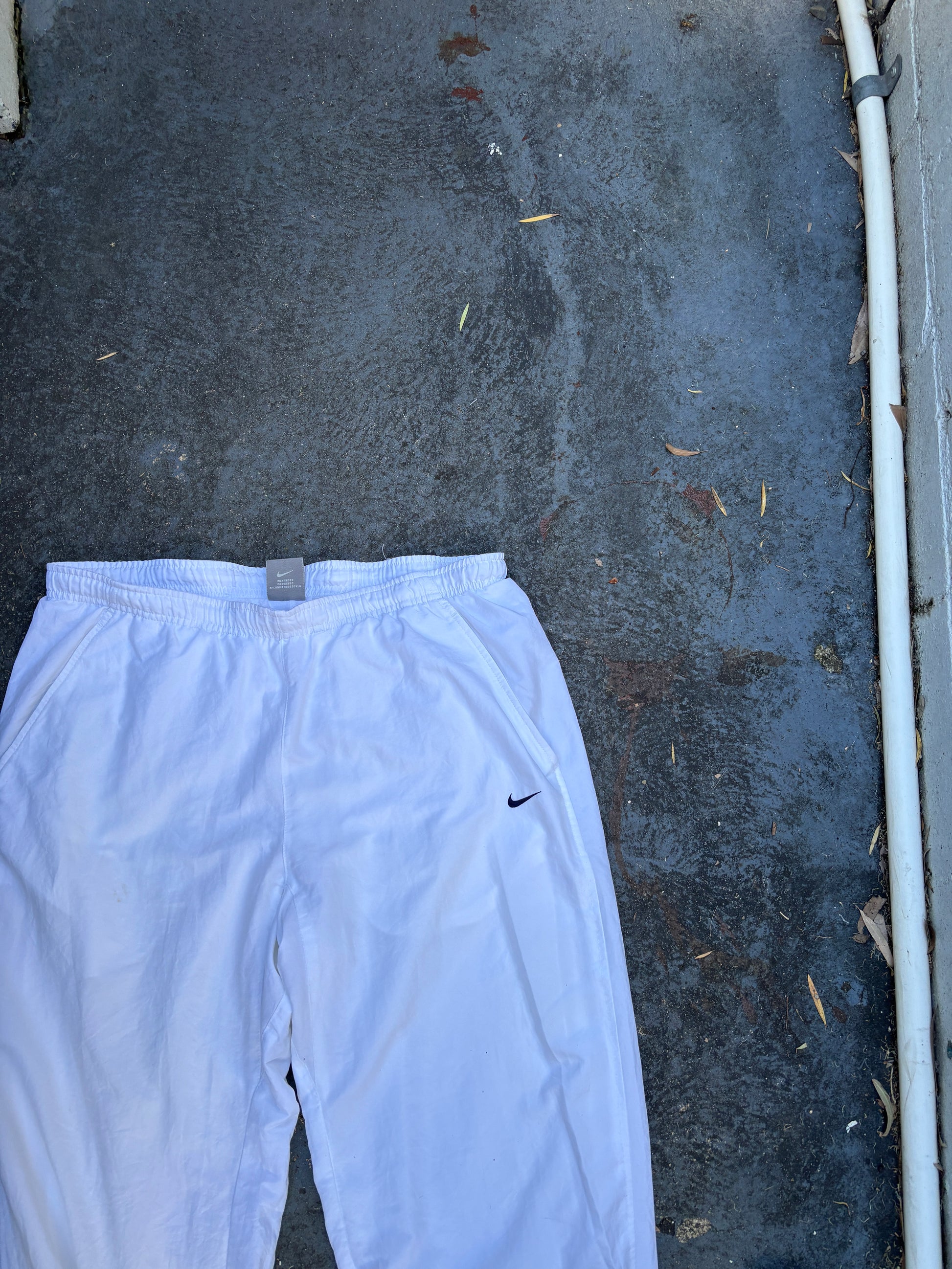Vintage Y2K Nike Track Pants L White Black Swoosh Wide Leg Ankle Velcro Windbreakers