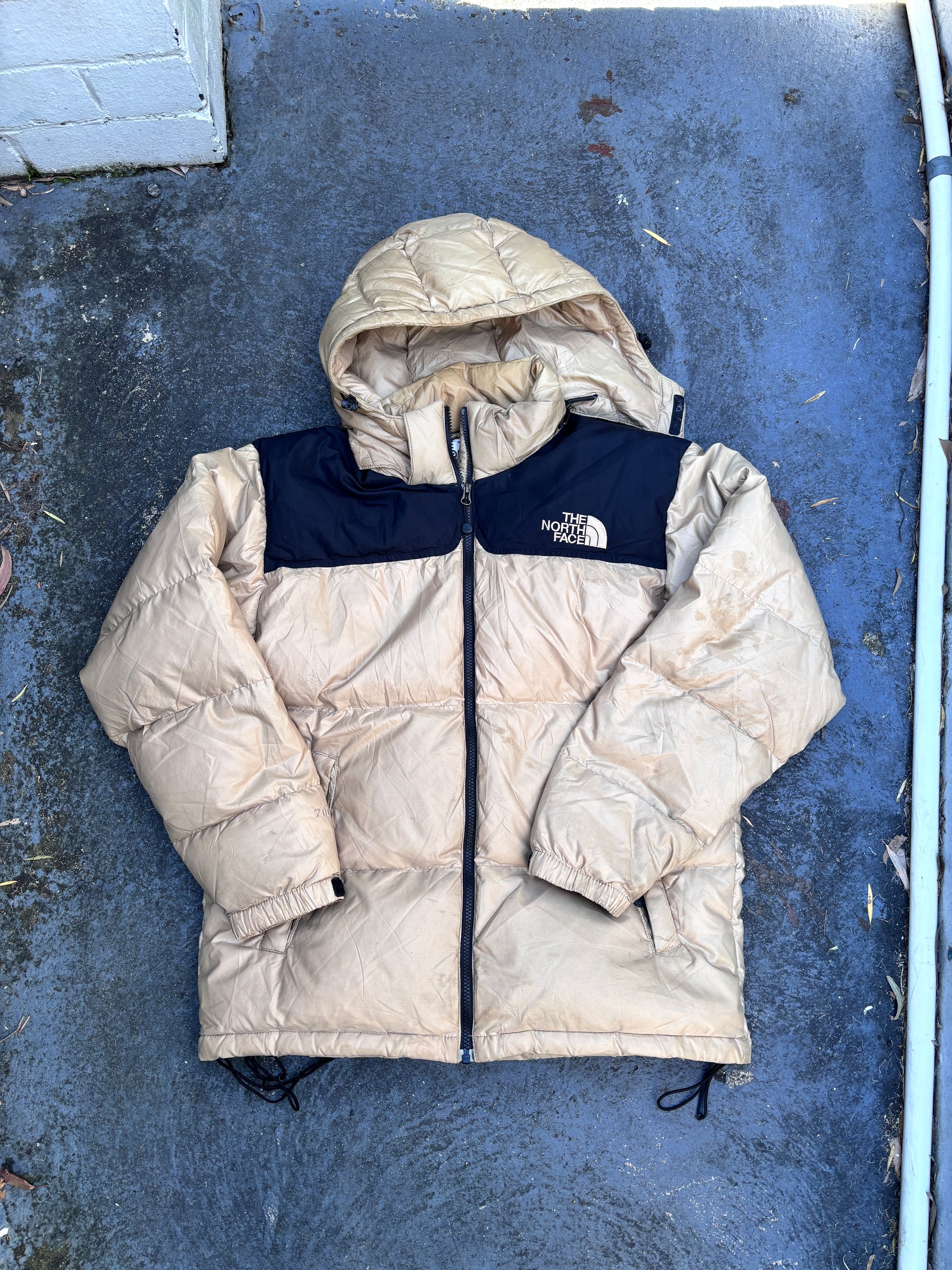 Vintage 90s The North Face Down Jacket Size L Gold Black 700 Puffer Hood Nuptse