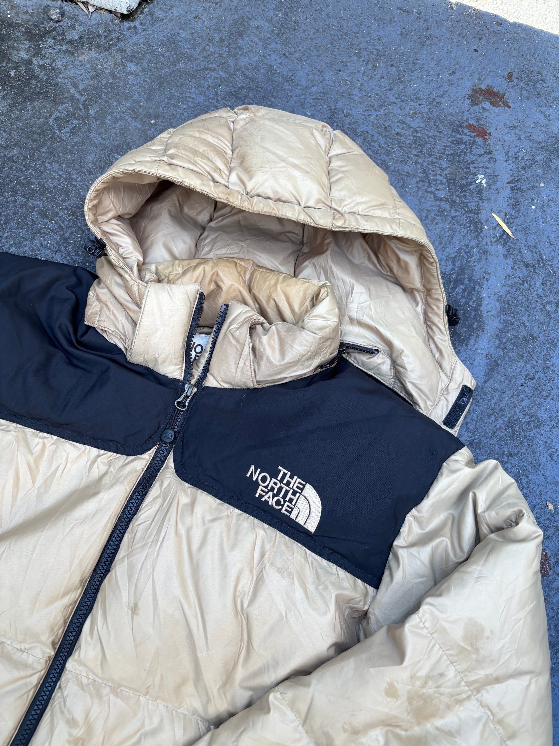 Vintage 90s The North Face Down Jacket Size L Gold Black 700 Puffer Hood Nuptse