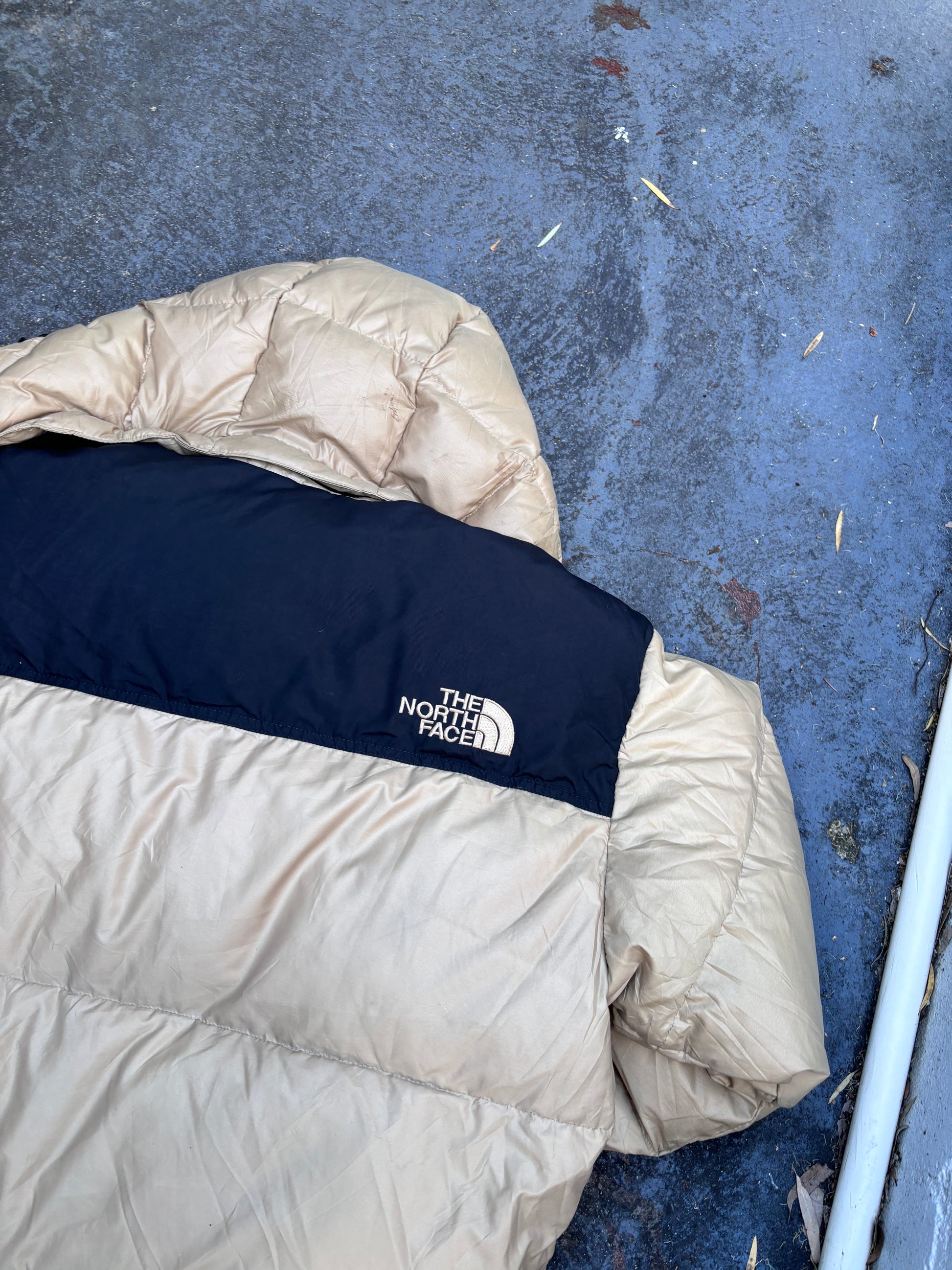 Vintage 90s The North Face Down Jacket Size L Gold Black 700 Puffer Hood Nuptse