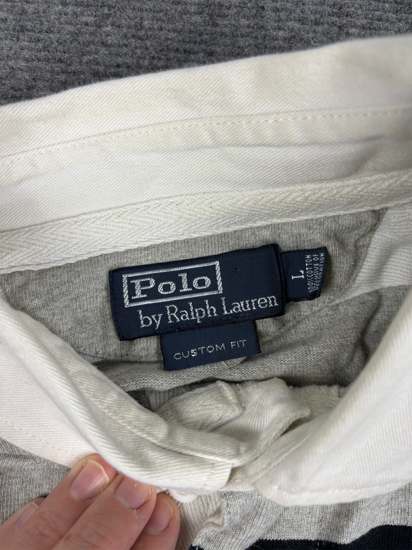 Vintage 90's Ralph Lauren Rugby Polo Men's L Grey Black Striped Small Pony  Collared