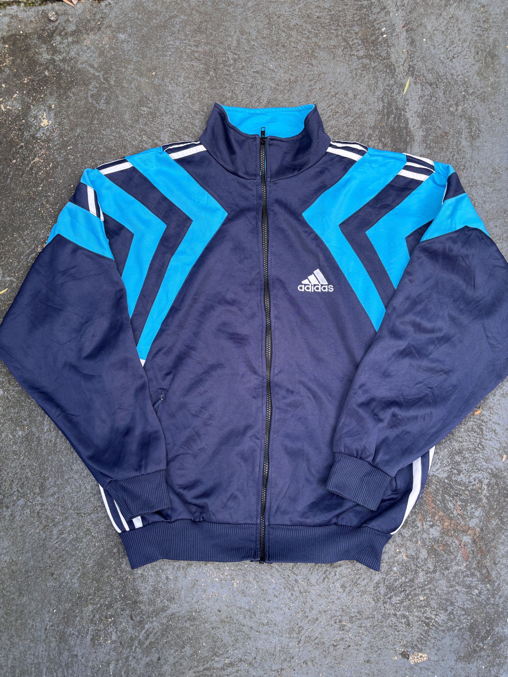 Vintage 90s Adidas Jacket Size XL Blue Navy 3 Stripe Boxy Football Satin Finish