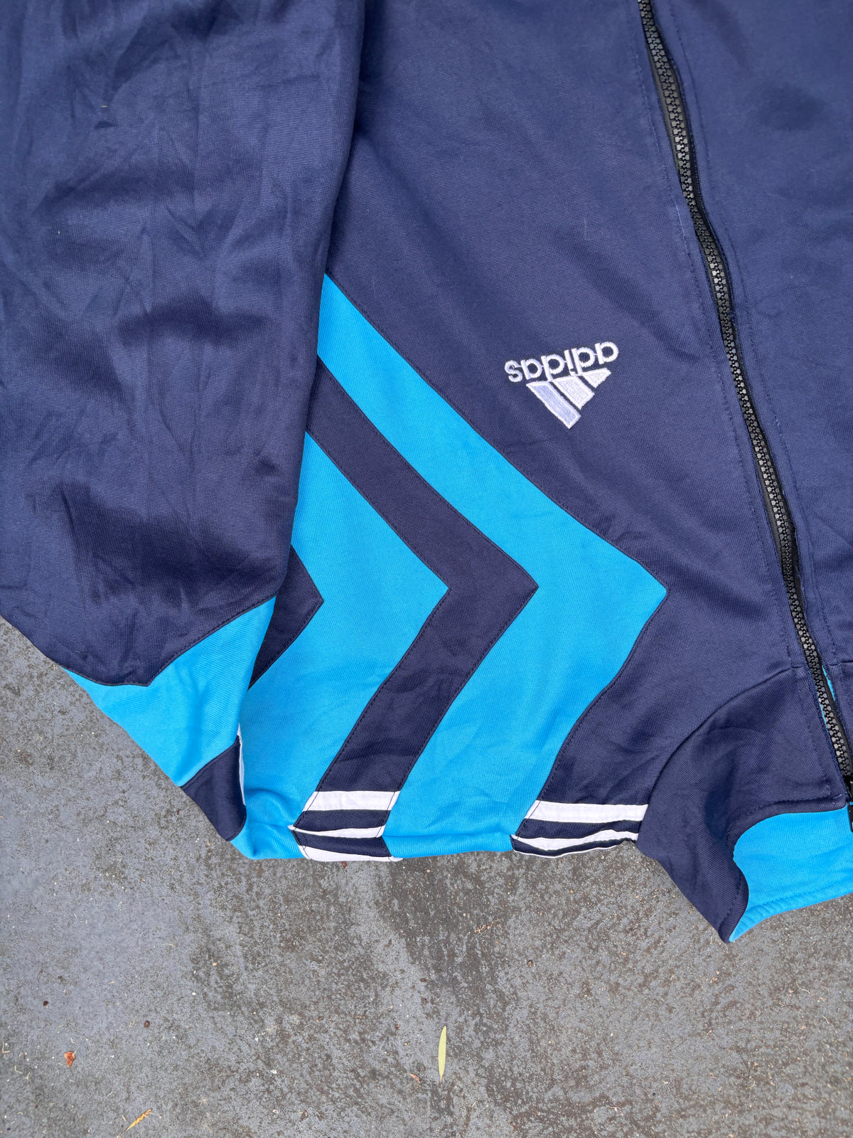 Vintage 90s Adidas Jacket Size XL Blue Navy 3 Stripe Boxy Football Satin Finish