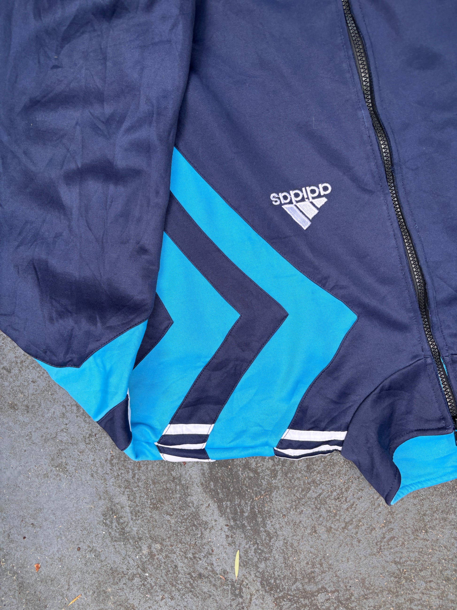 Vintage 90s Adidas Jacket Size XL Blue Navy 3 Stripe Boxy Football Satin Finish