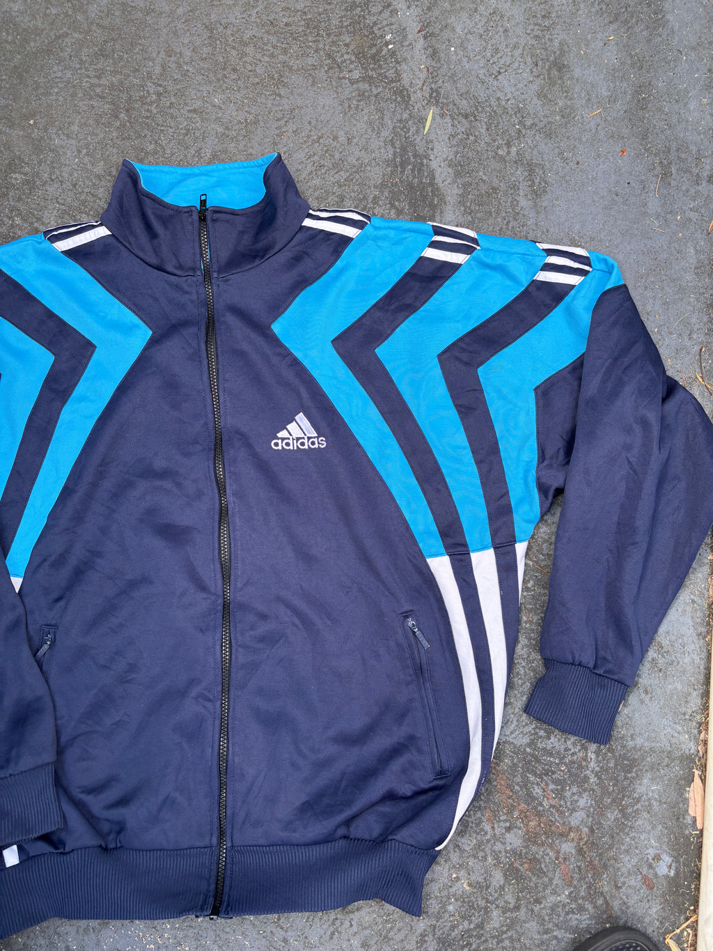 Vintage 90s Adidas Jacket Size XL Blue Navy 3 Stripe Boxy Football Satin Finish
