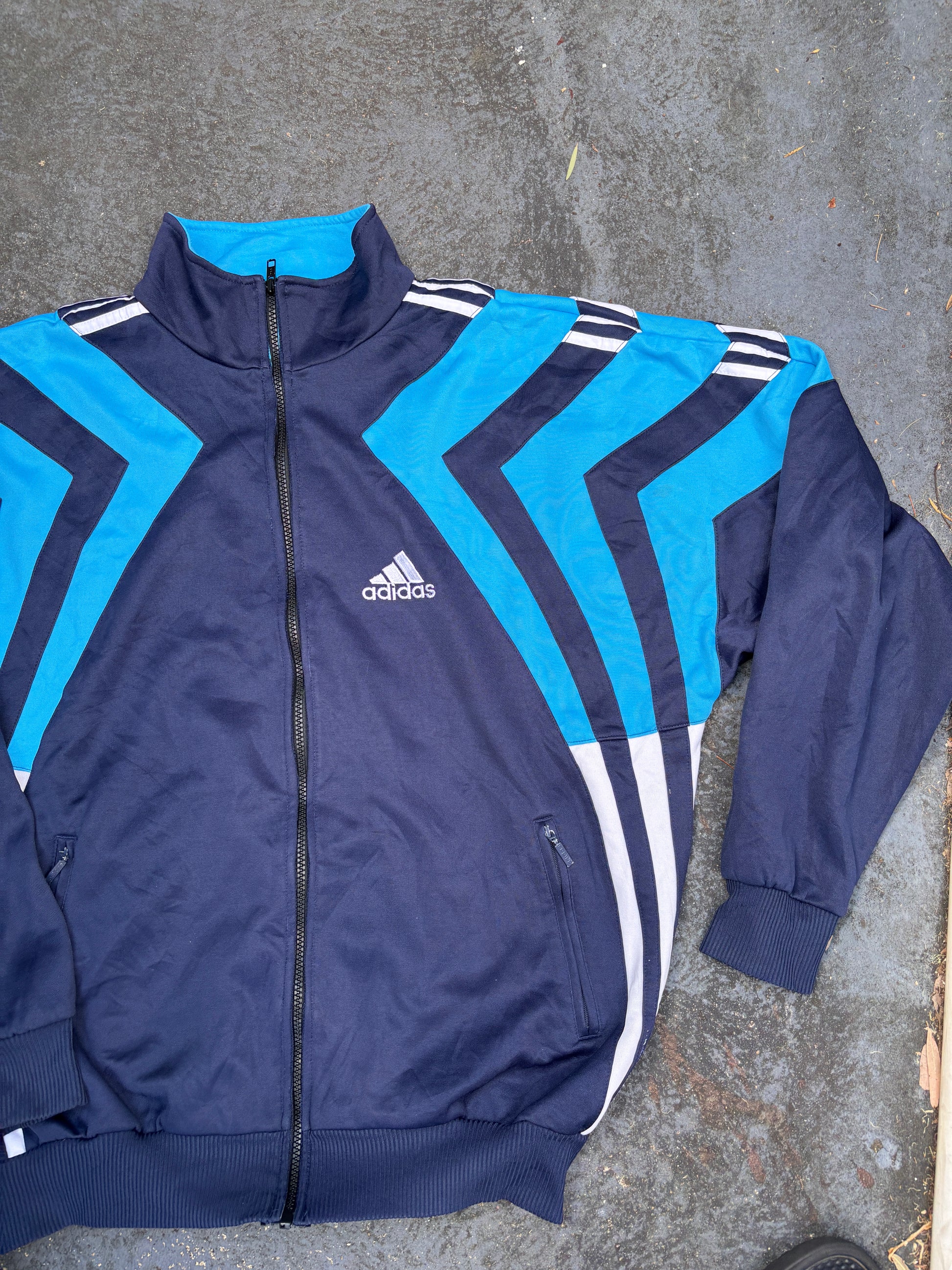 Vintage 90s Adidas Jacket Size XL Blue Navy 3 Stripe Boxy Football Satin Finish