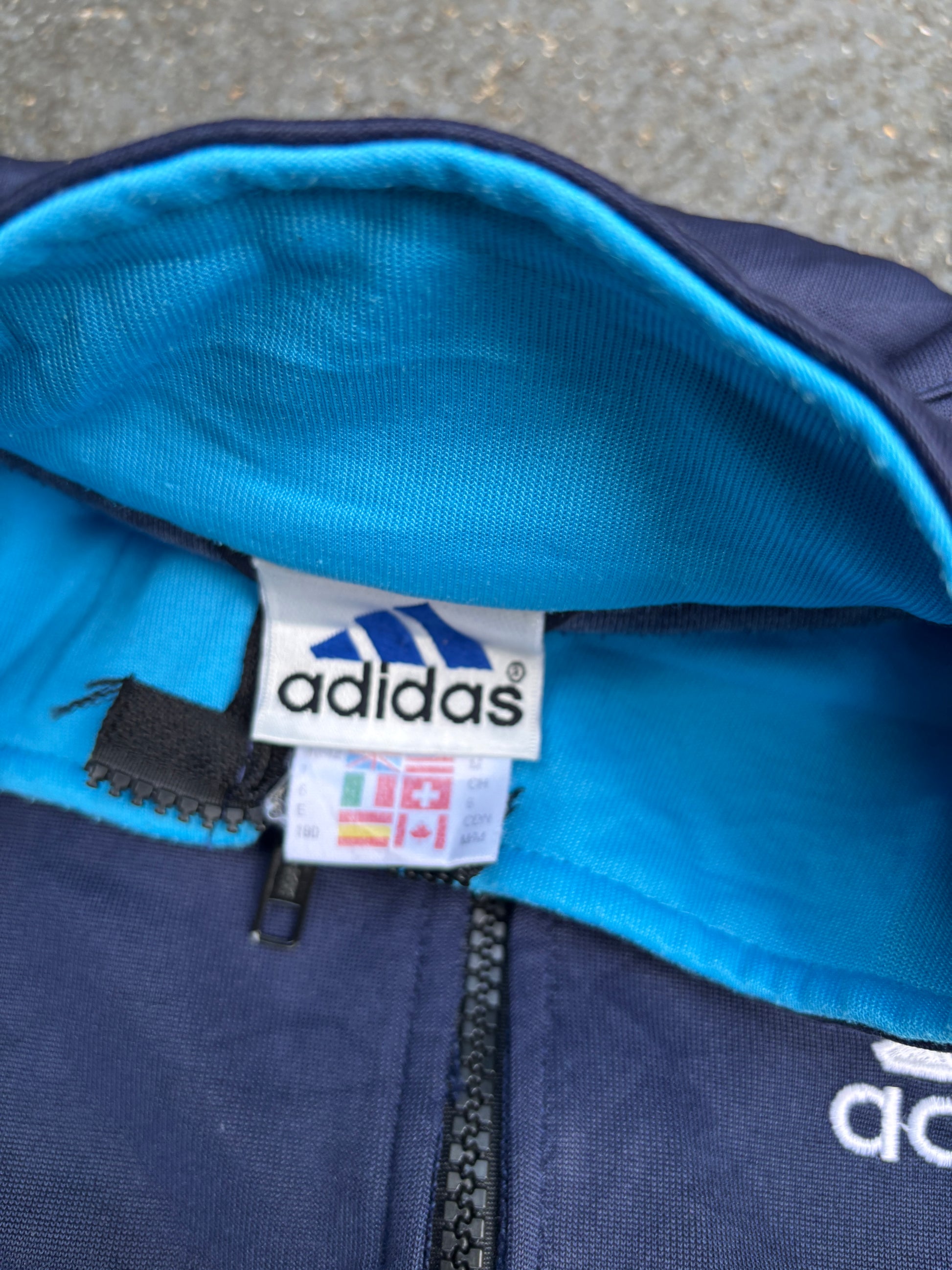 Vintage 90s Adidas Jacket Size XL Blue Navy 3 Stripe Boxy Football Satin Finish