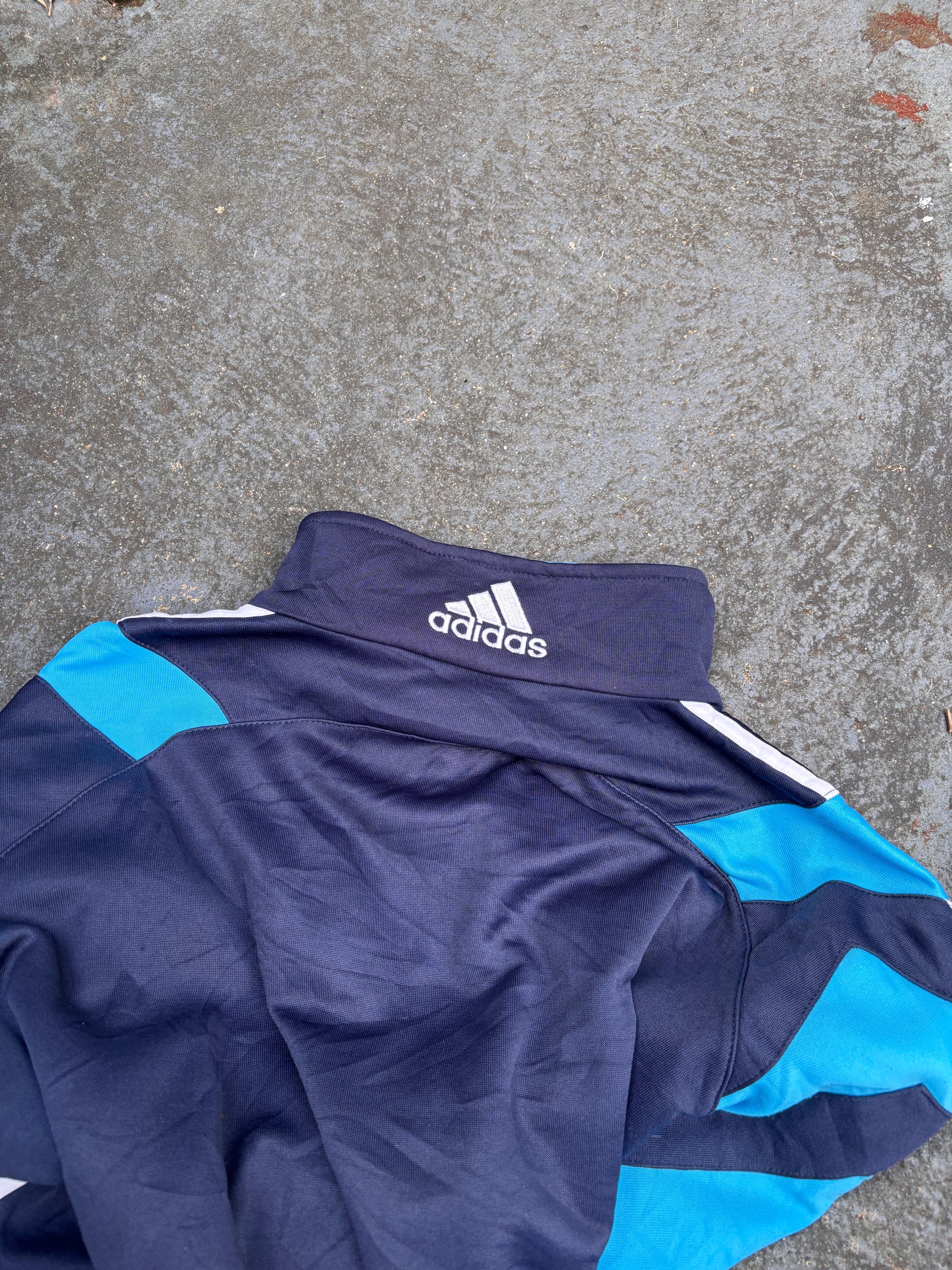 Vintage 90s Adidas Jacket Size XL Blue Navy 3 Stripe Boxy Football Satin Finish